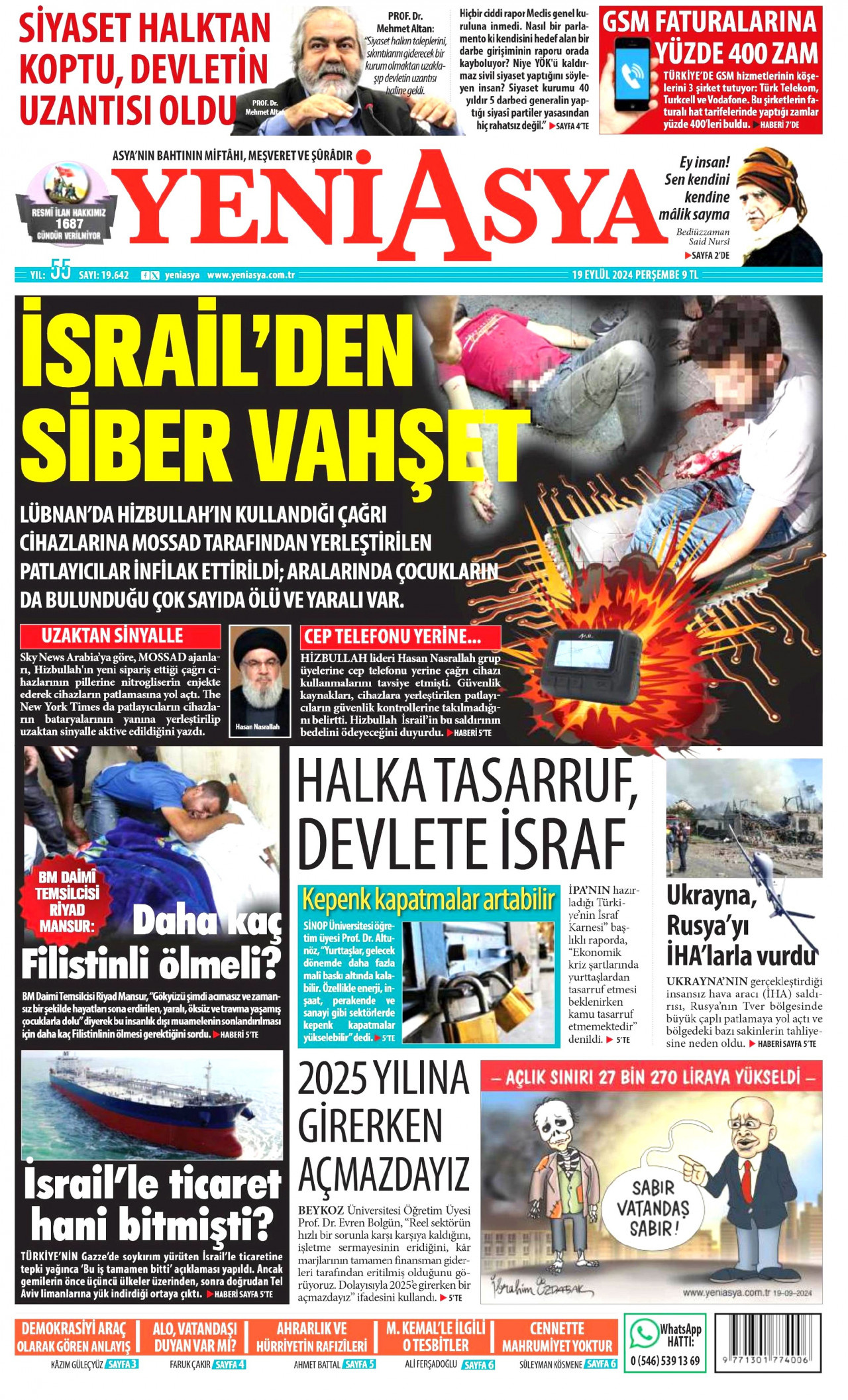 YENİ ASYA gazetesinin 19 Eylül 2024 tarihli birinci sayfası