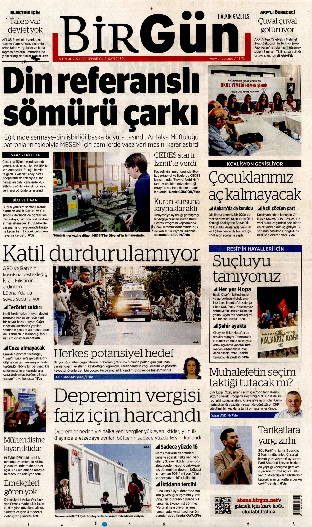 BİRGÜN gazetesinin 19 Eylül 2024 tarihli birinci sayfası