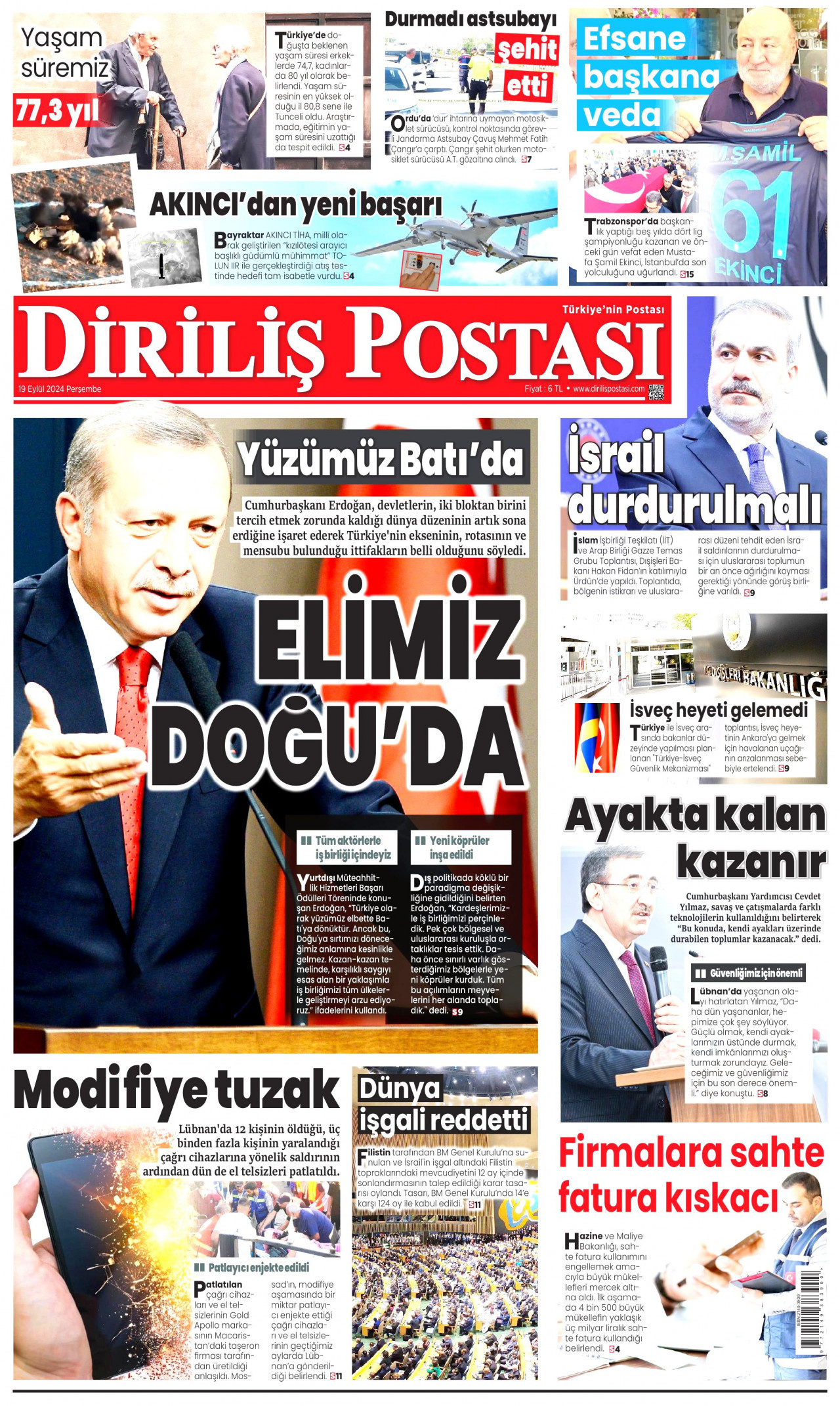 DİRİLİŞ POSTASI gazetesinin 19 Eylül 2024 tarihli birinci sayfası