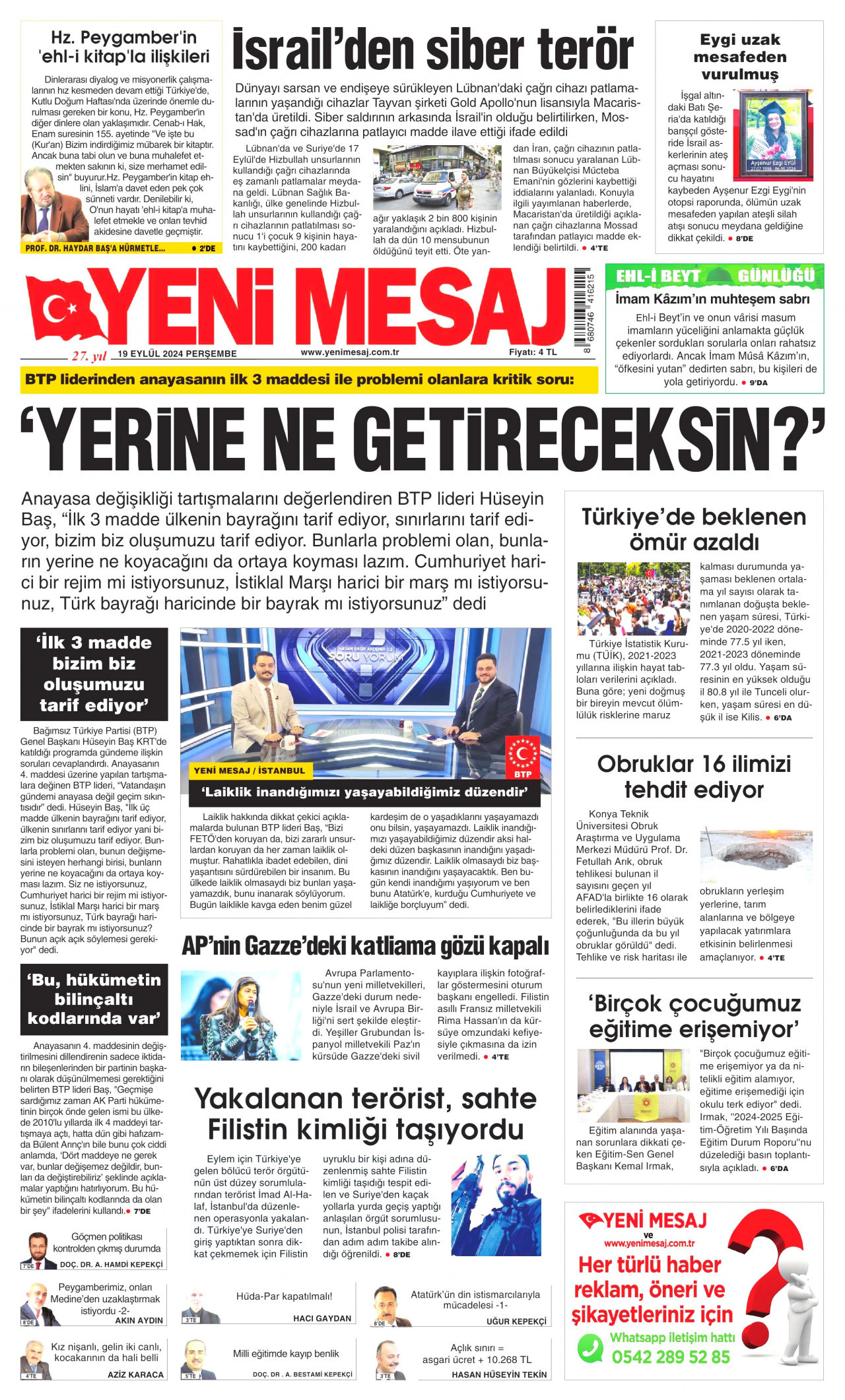 YENİ MESAJ gazetesinin 19 Eylül 2024 tarihli birinci sayfası