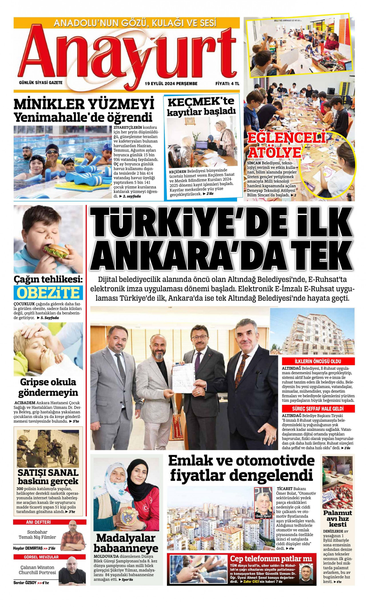 ANAYURT gazetesinin 19 Eylül 2024 tarihli birinci sayfası