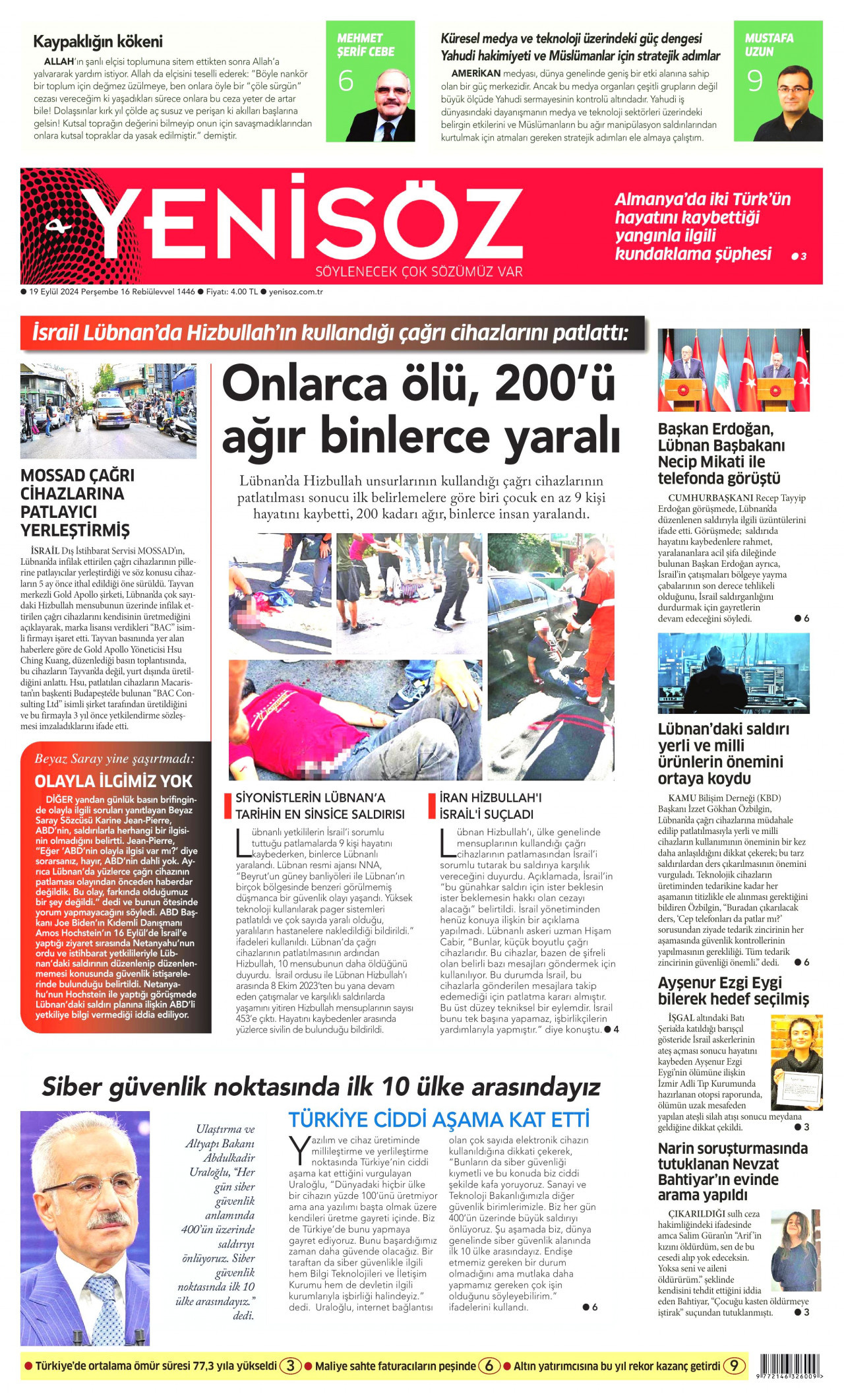 YENİ SÖZ GAZETESİ gazetesinin 19 Eylül 2024 tarihli birinci sayfası