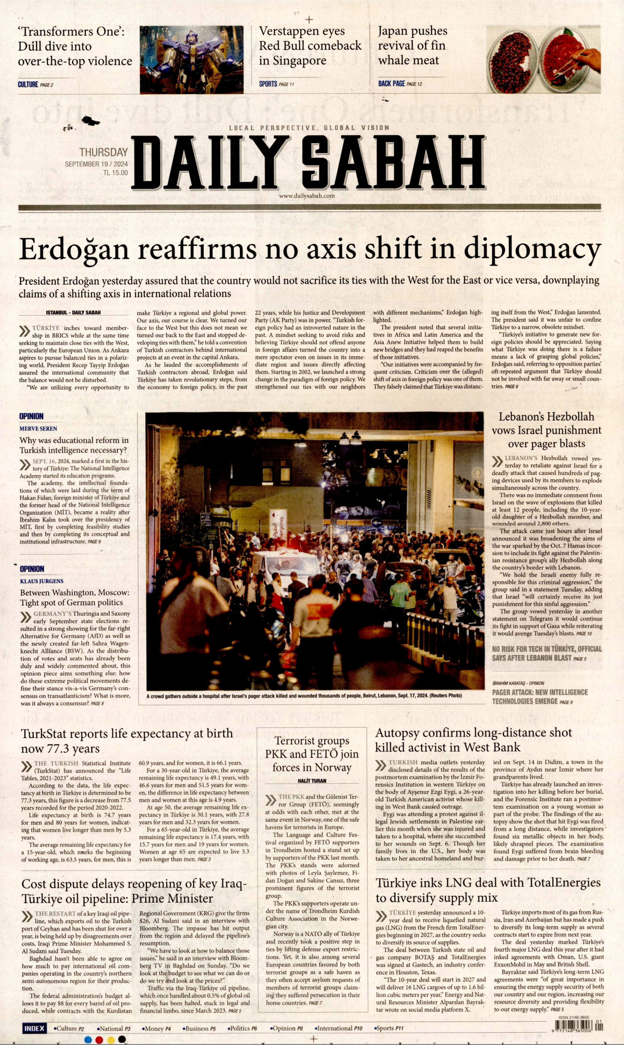 DAİLY SABAH gazetesinin 19 Eylül 2024 tarihli birinci sayfası