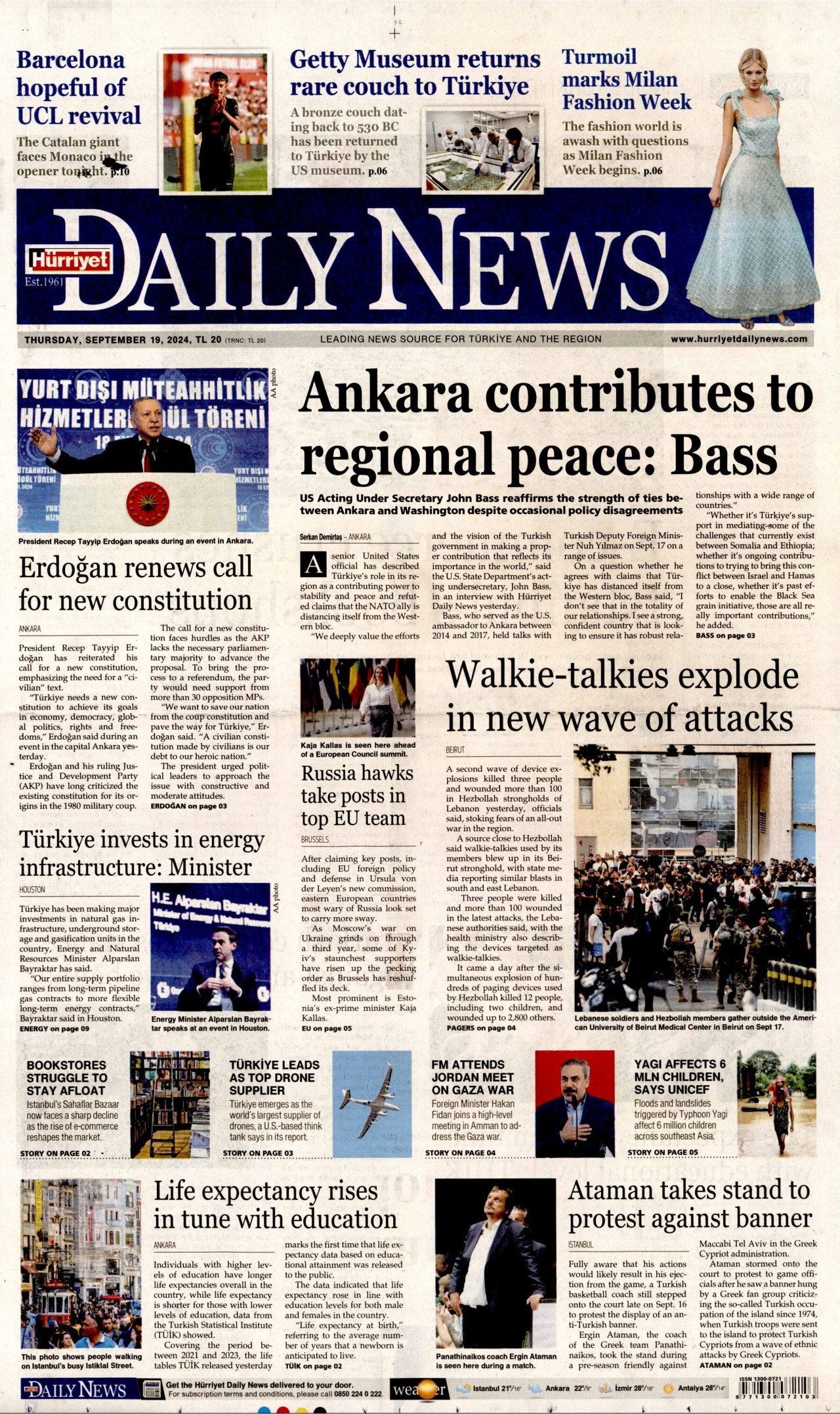 HÜRRİYET DAİLY NEWS gazetesinin 19 Eylül 2024 tarihli birinci sayfası