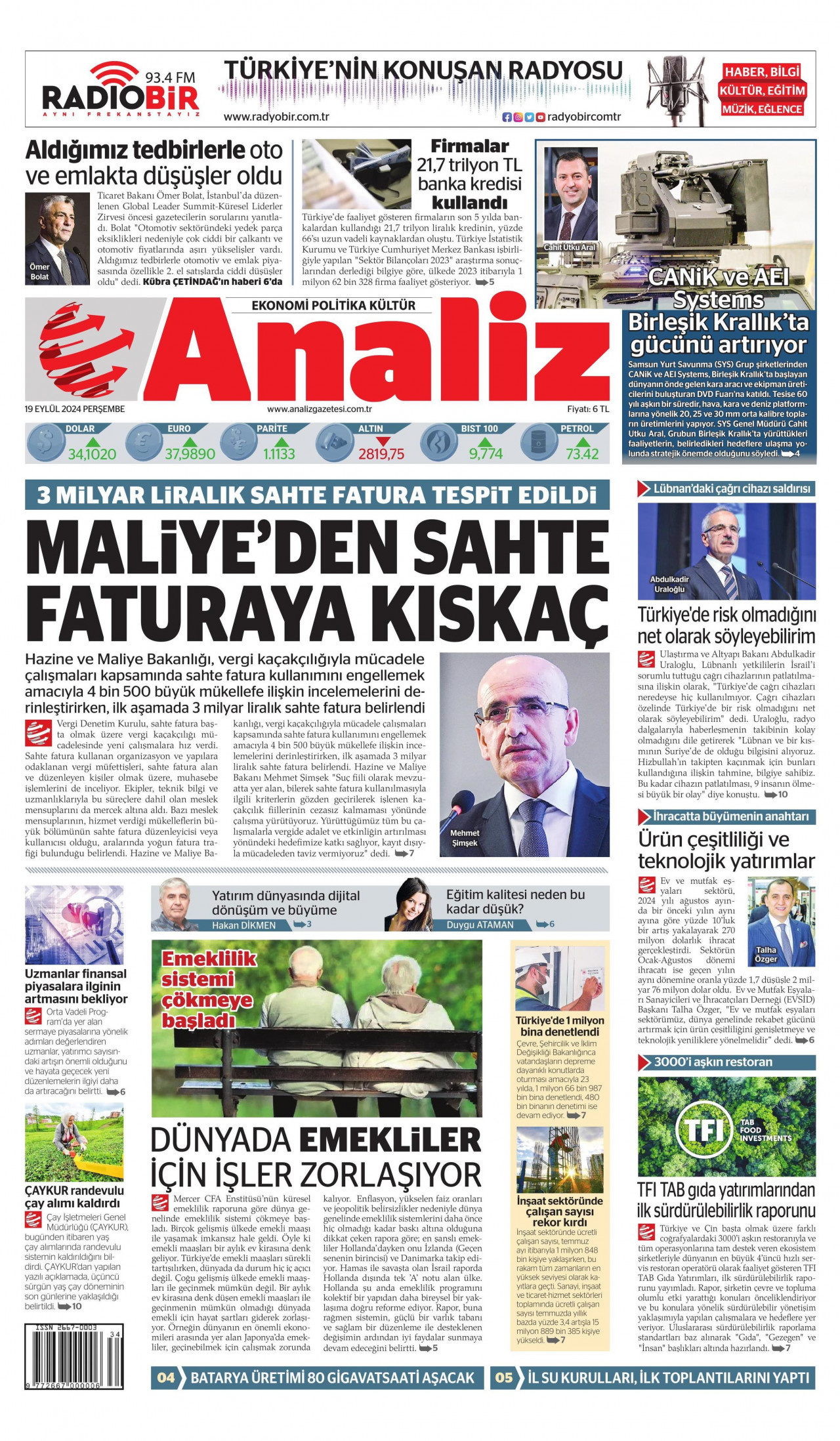 ANALİZ gazetesinin 19 Eylül 2024 tarihli birinci sayfası