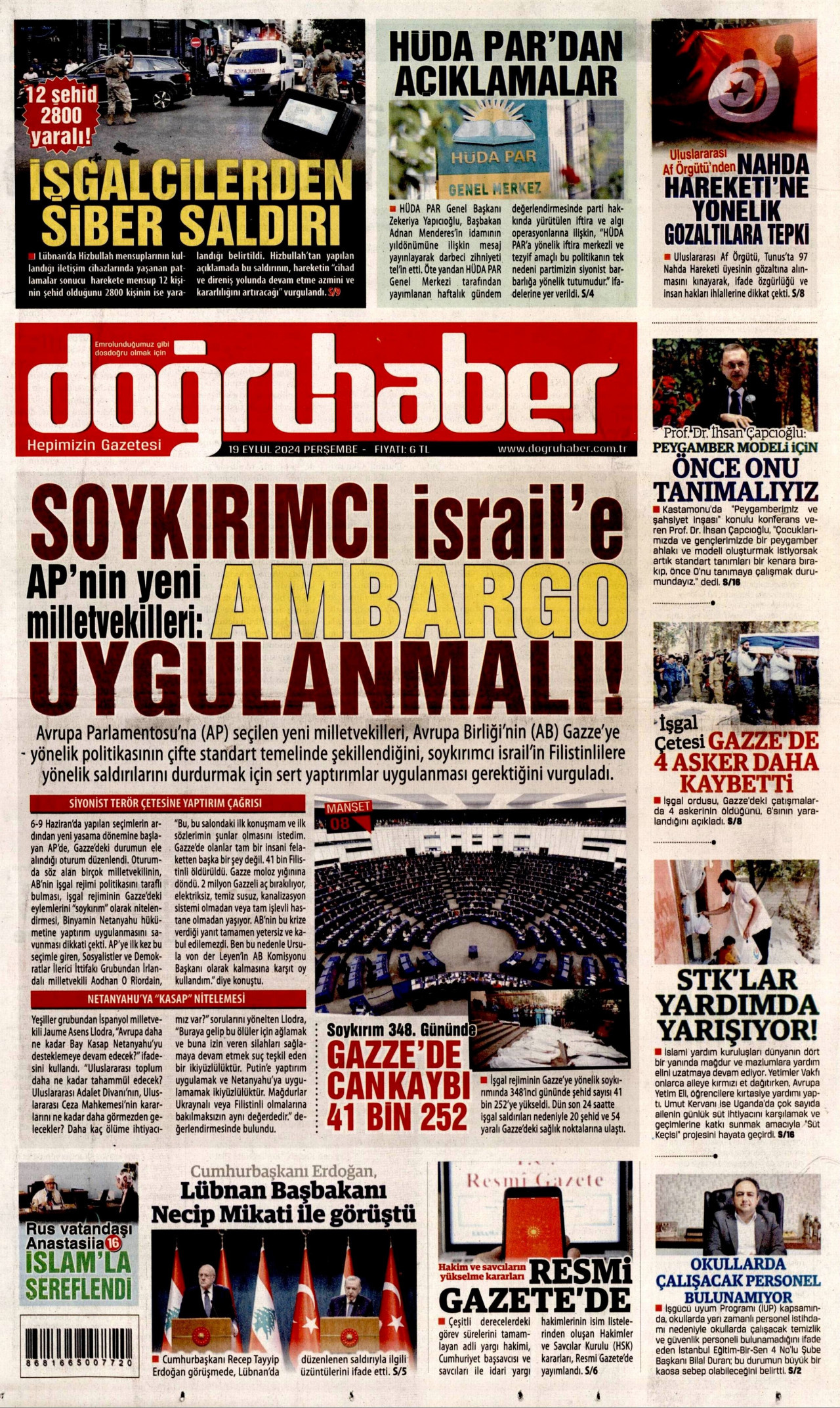 DOĞRU HABER gazetesinin 19 Eylül 2024 tarihli birinci sayfası