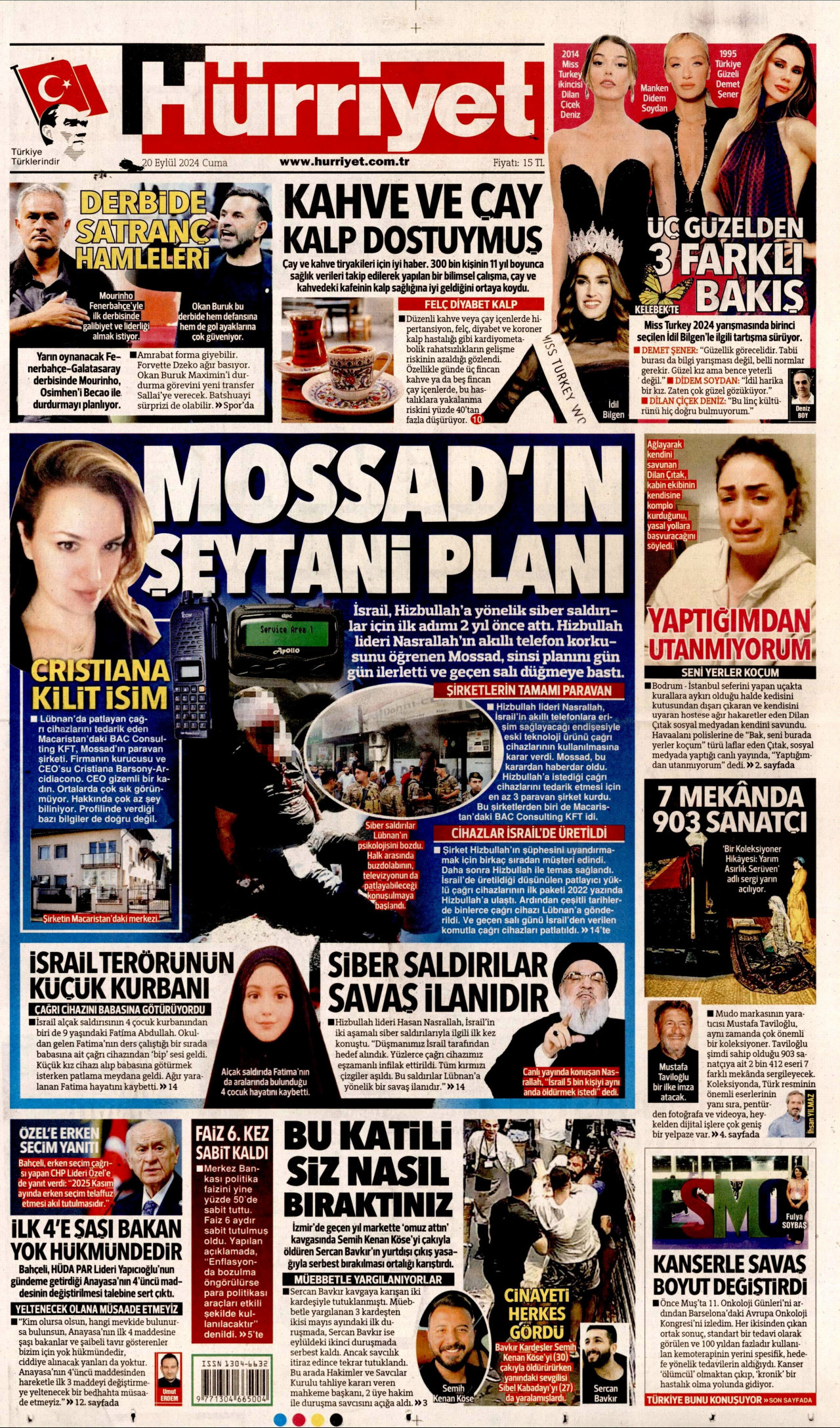 HÜRRİYET gazetesinin 20 Eylül 2024 tarihli birinci sayfası