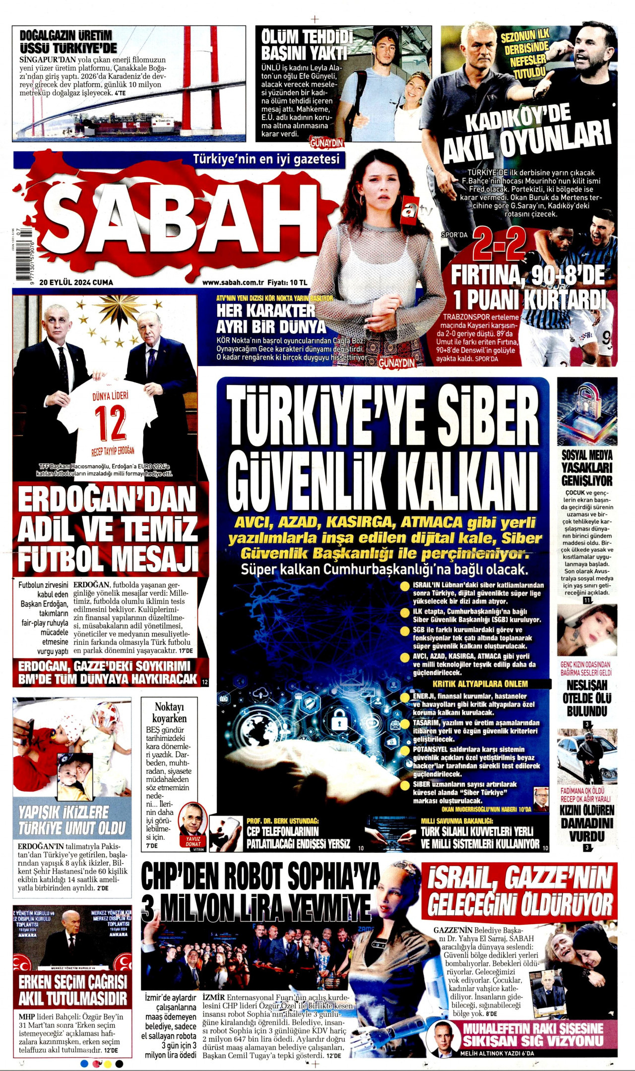 SABAH gazetesinin 20 Eylül 2024 tarihli birinci sayfası