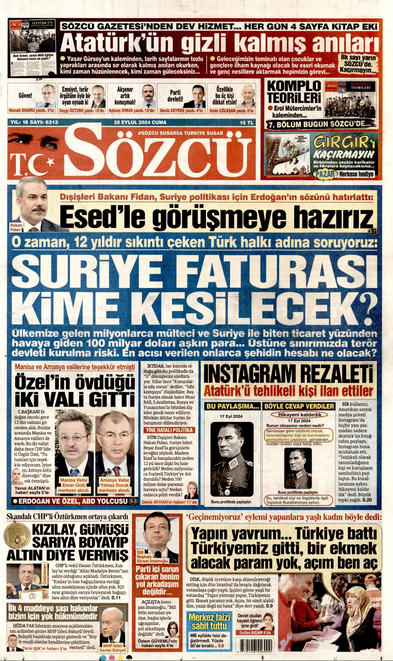 SÖZCÜ gazetesinin 20 Eylül 2024 tarihli birinci sayfası