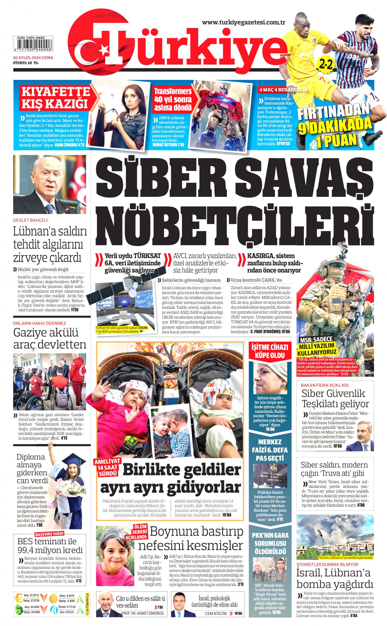TÜRKİYE GAZETESİ gazetesinin 20 Eylül 2024 tarihli birinci sayfası