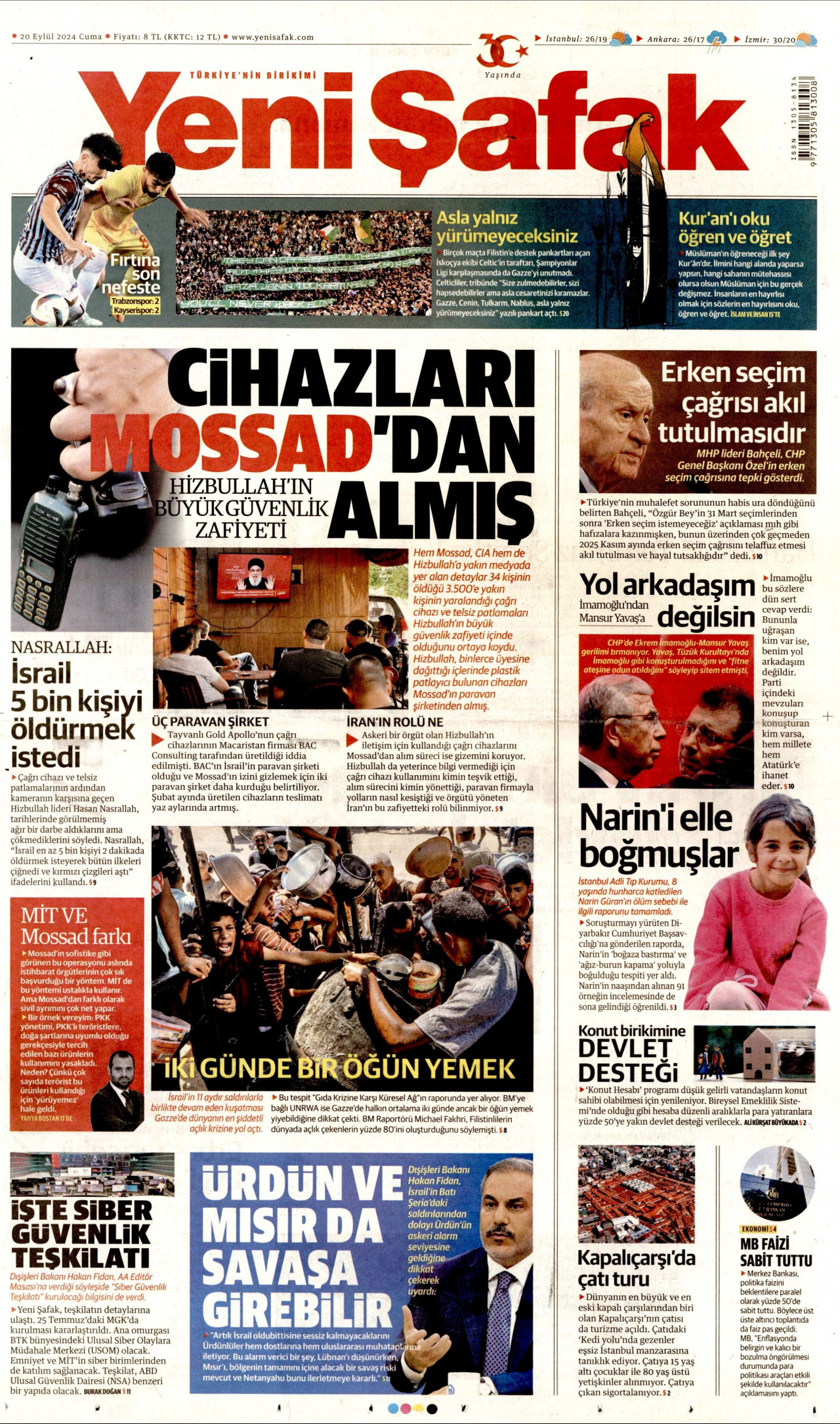 YENİ ŞAFAK gazetesinin 20 Eylül 2024 tarihli birinci sayfası