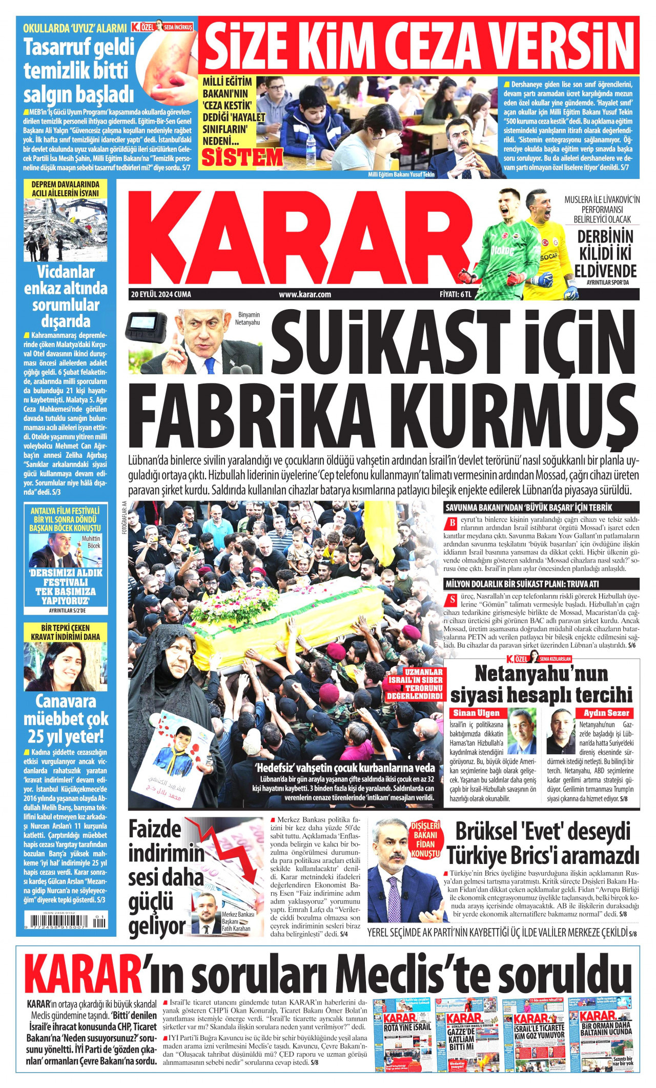 KARAR gazetesinin 20 Eylül 2024 tarihli birinci sayfası