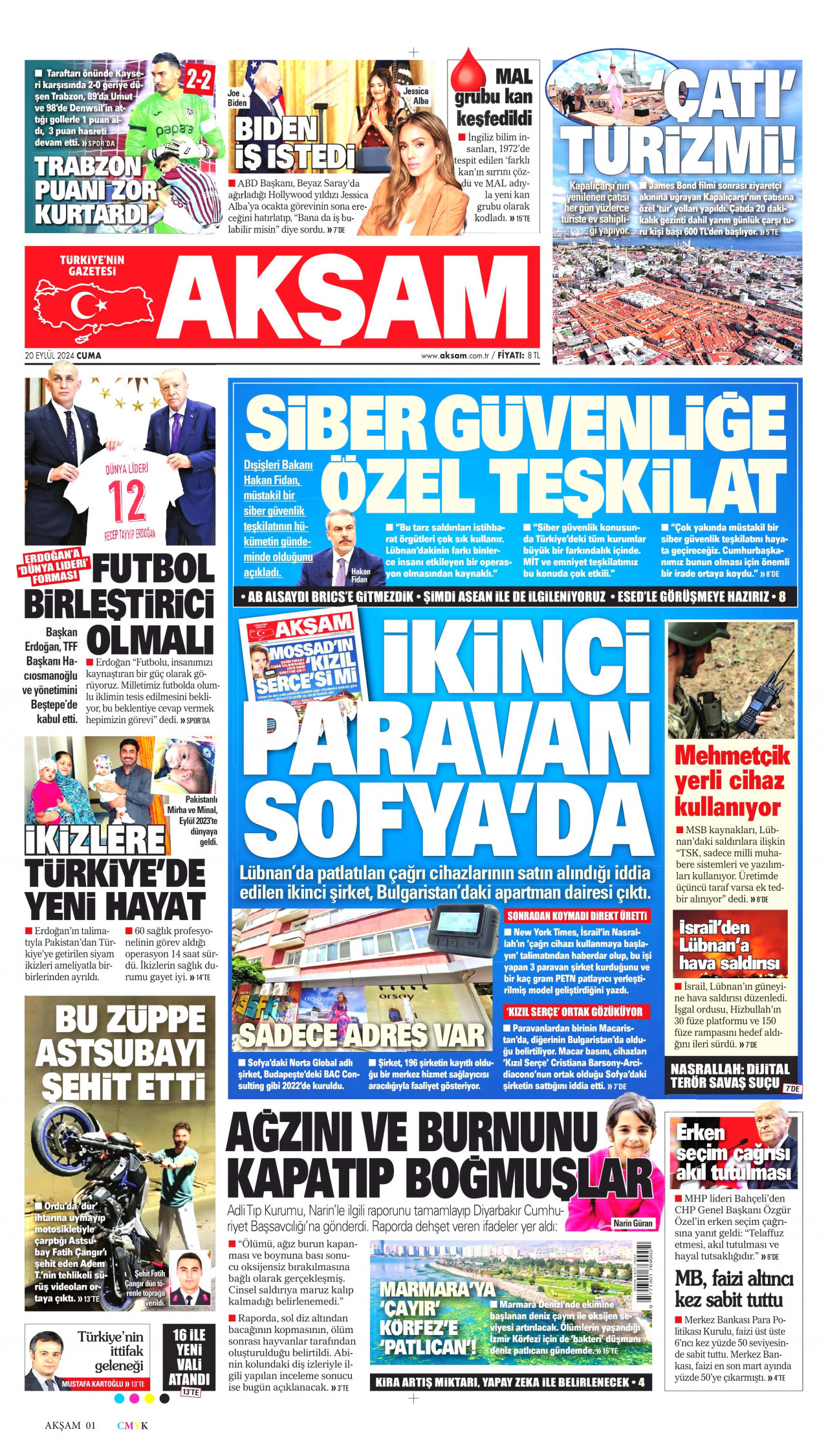 AKŞAM gazetesinin 20 Eylül 2024 tarihli birinci sayfası