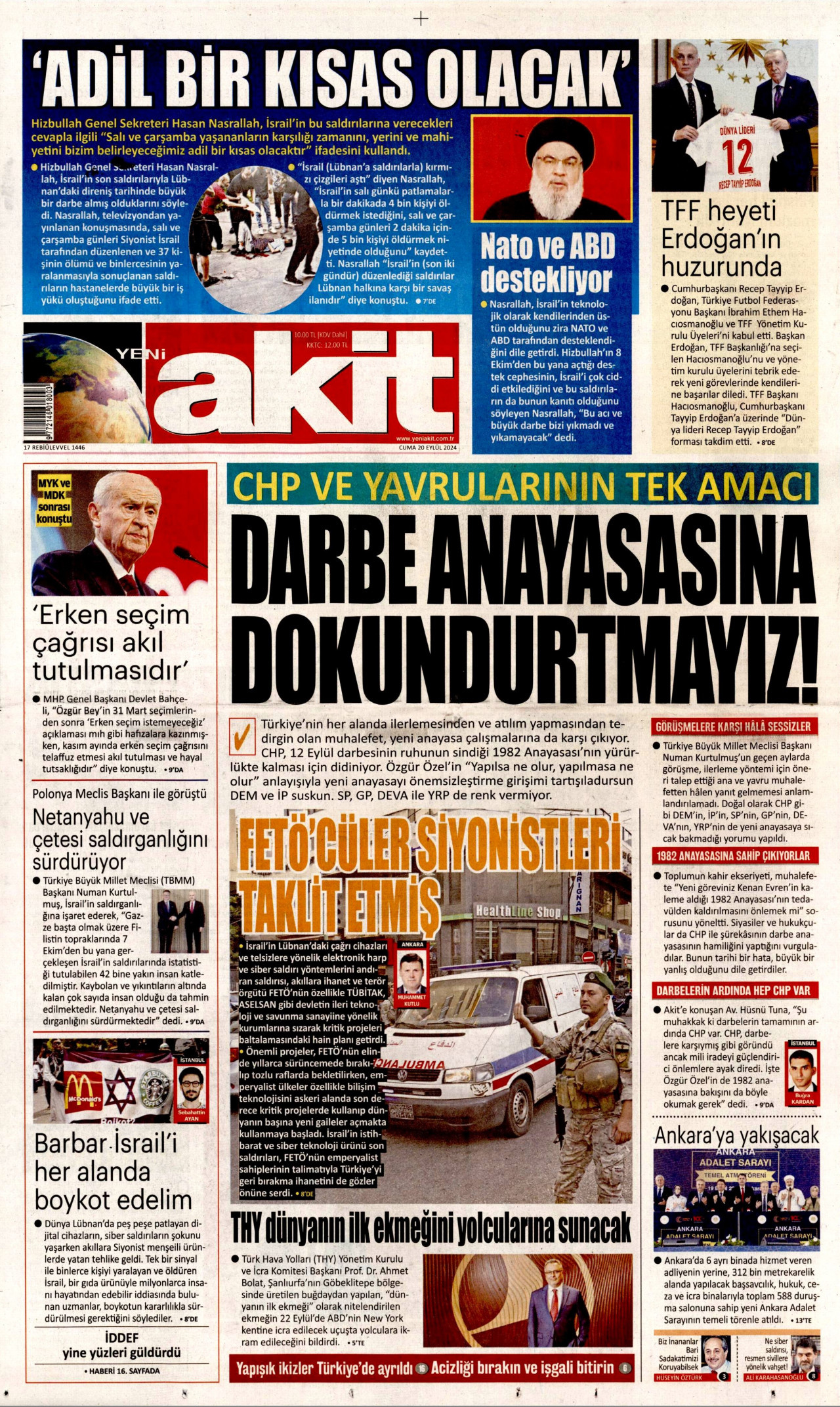 YENİ AKİT gazetesinin 20 Eylül 2024 tarihli birinci sayfası