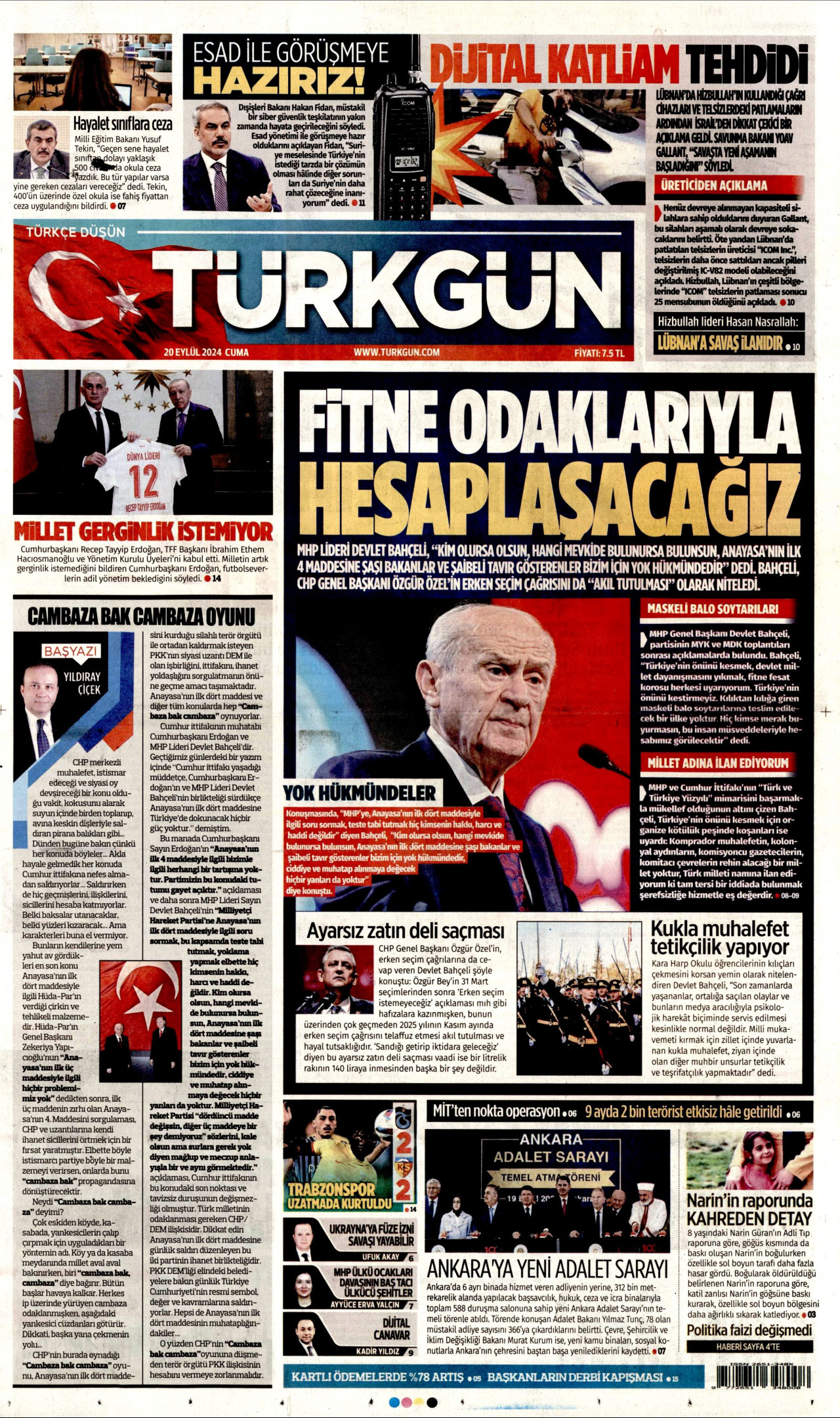 TÜRKGÜN gazetesinin 20 Eylül 2024 tarihli birinci sayfası