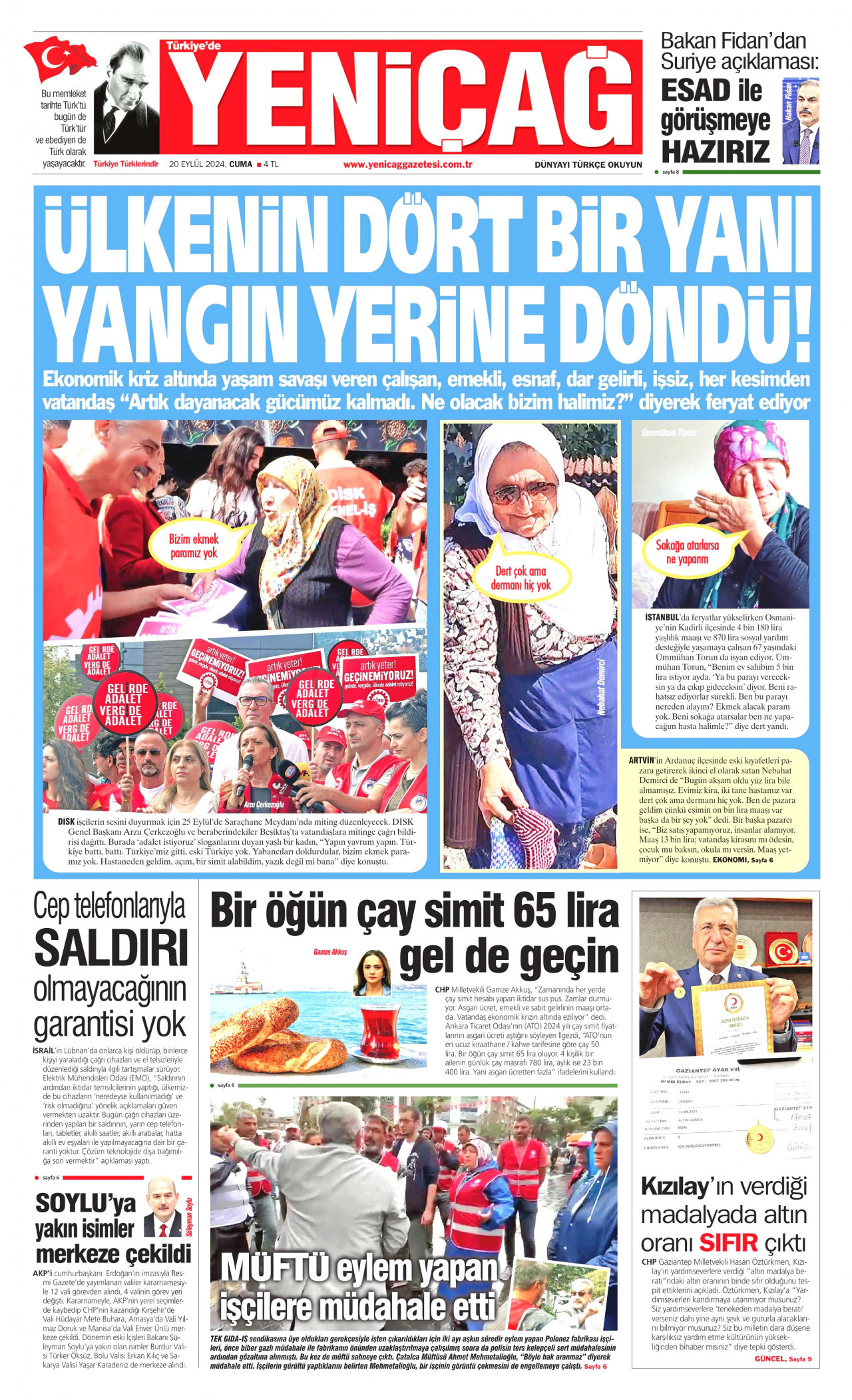 YENİÇAĞ gazetesinin 20 Eylül 2024 tarihli birinci sayfası