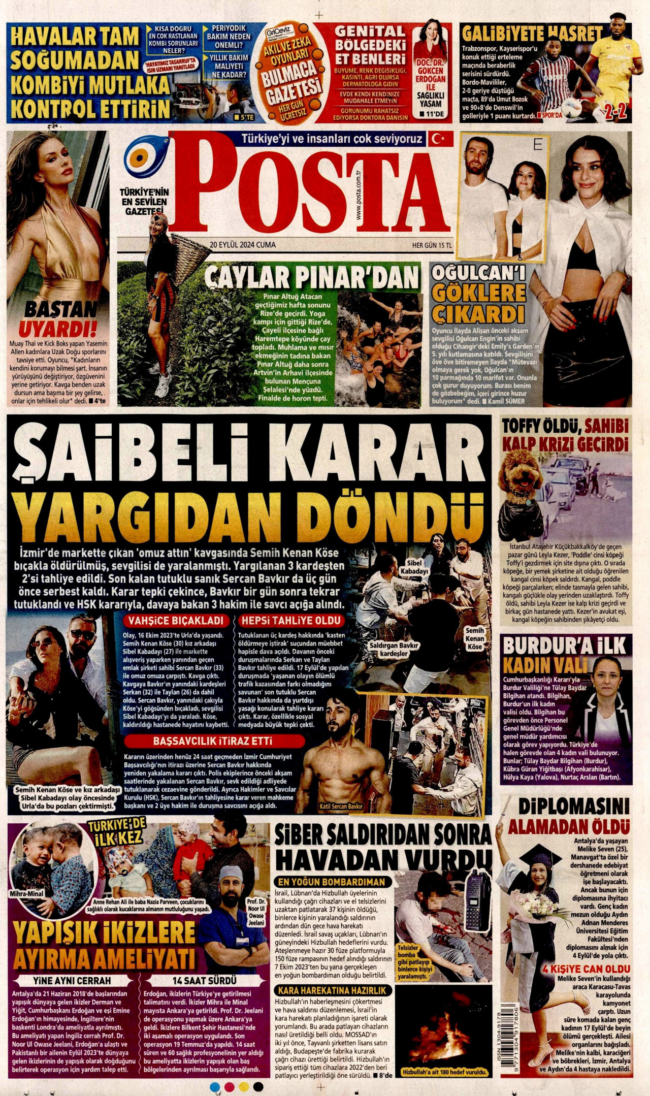 POSTA gazetesinin 20 Eylül 2024 tarihli birinci sayfası