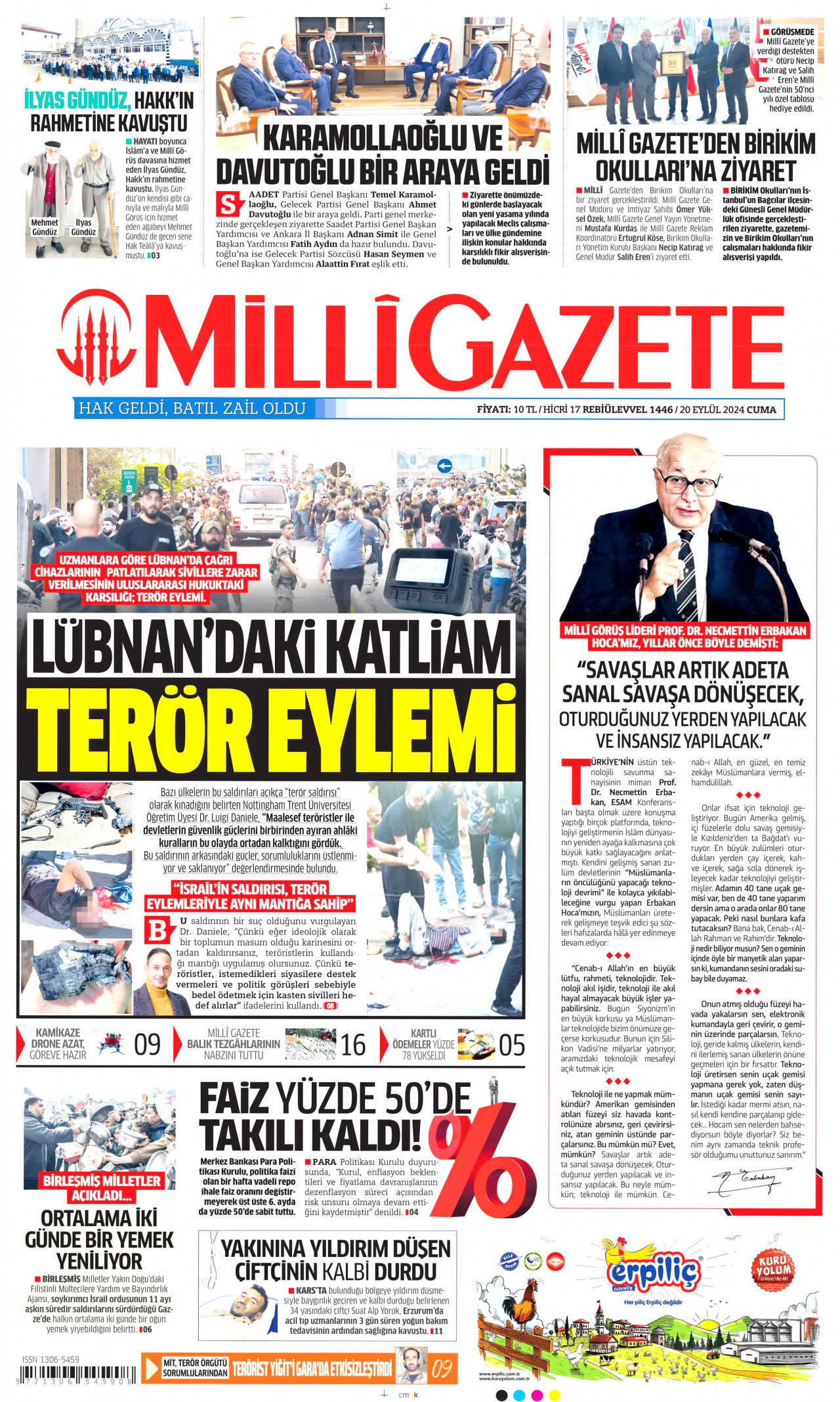 MİLLİ GAZETE gazetesinin 20 Eylül 2024 tarihli birinci sayfası