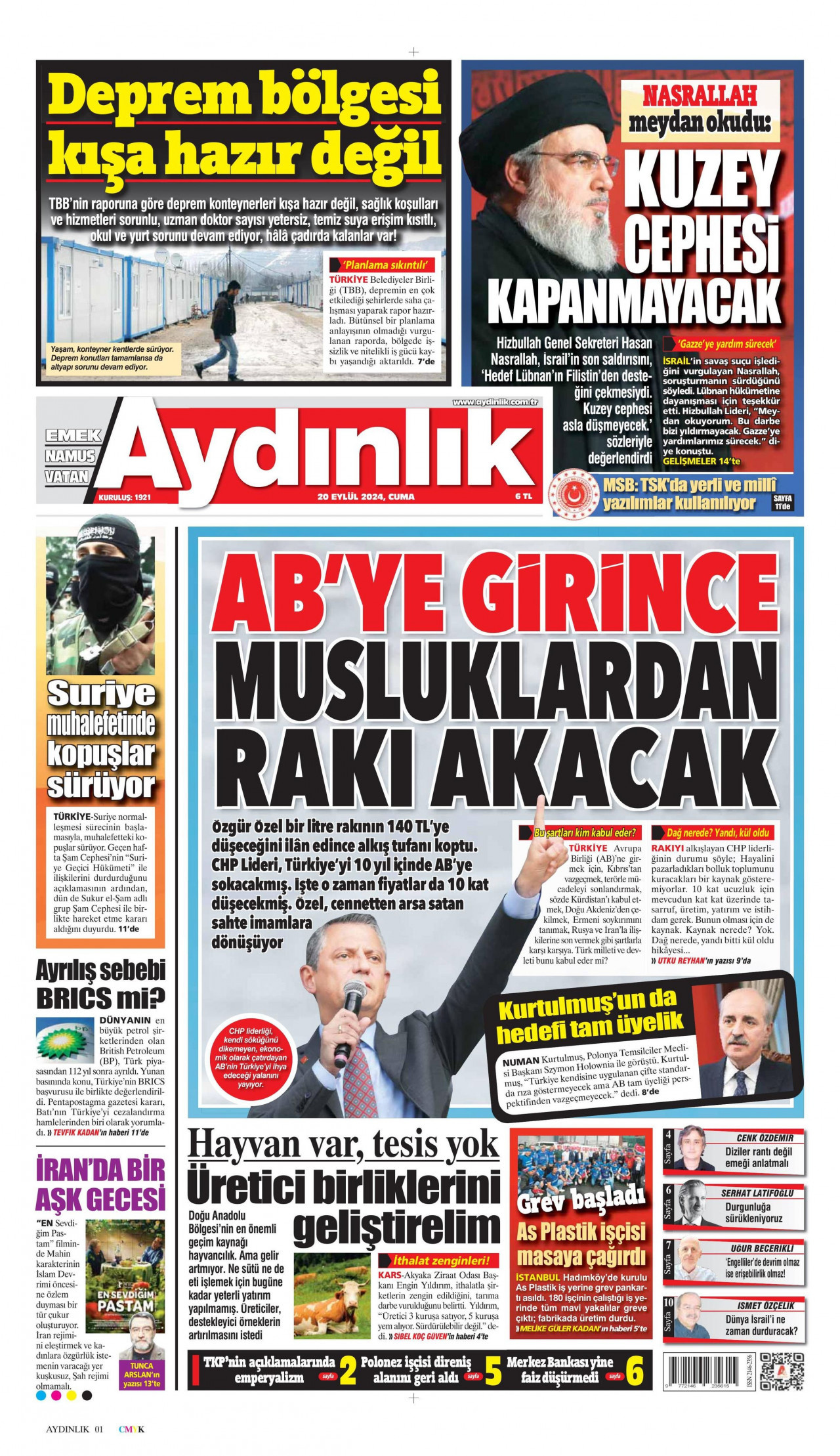 AYDINLIK GAZETESİ gazetesinin 20 Eylül 2024 tarihli birinci sayfası