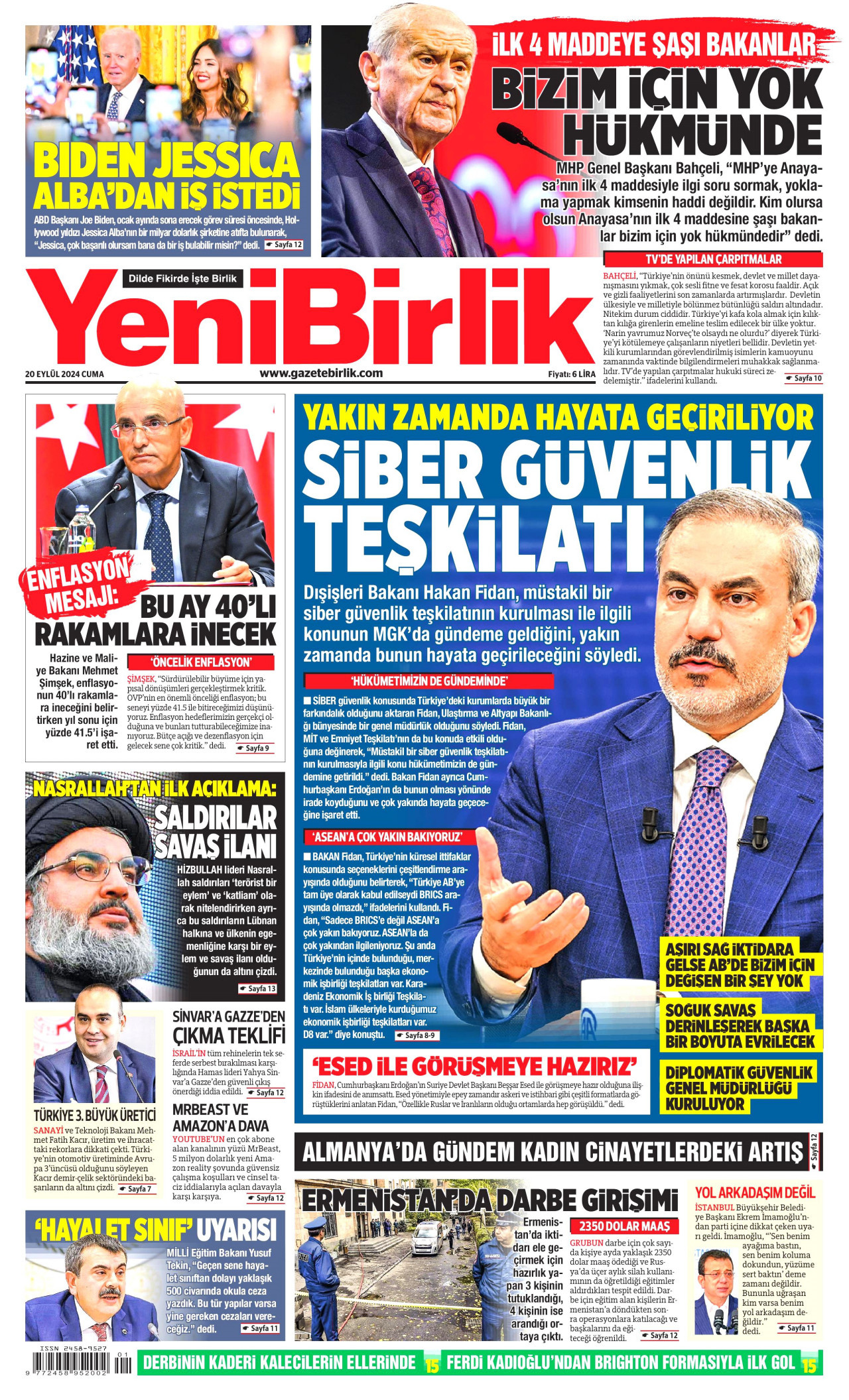 YENİBİRLİK gazetesinin 20 Eylül 2024 tarihli birinci sayfası