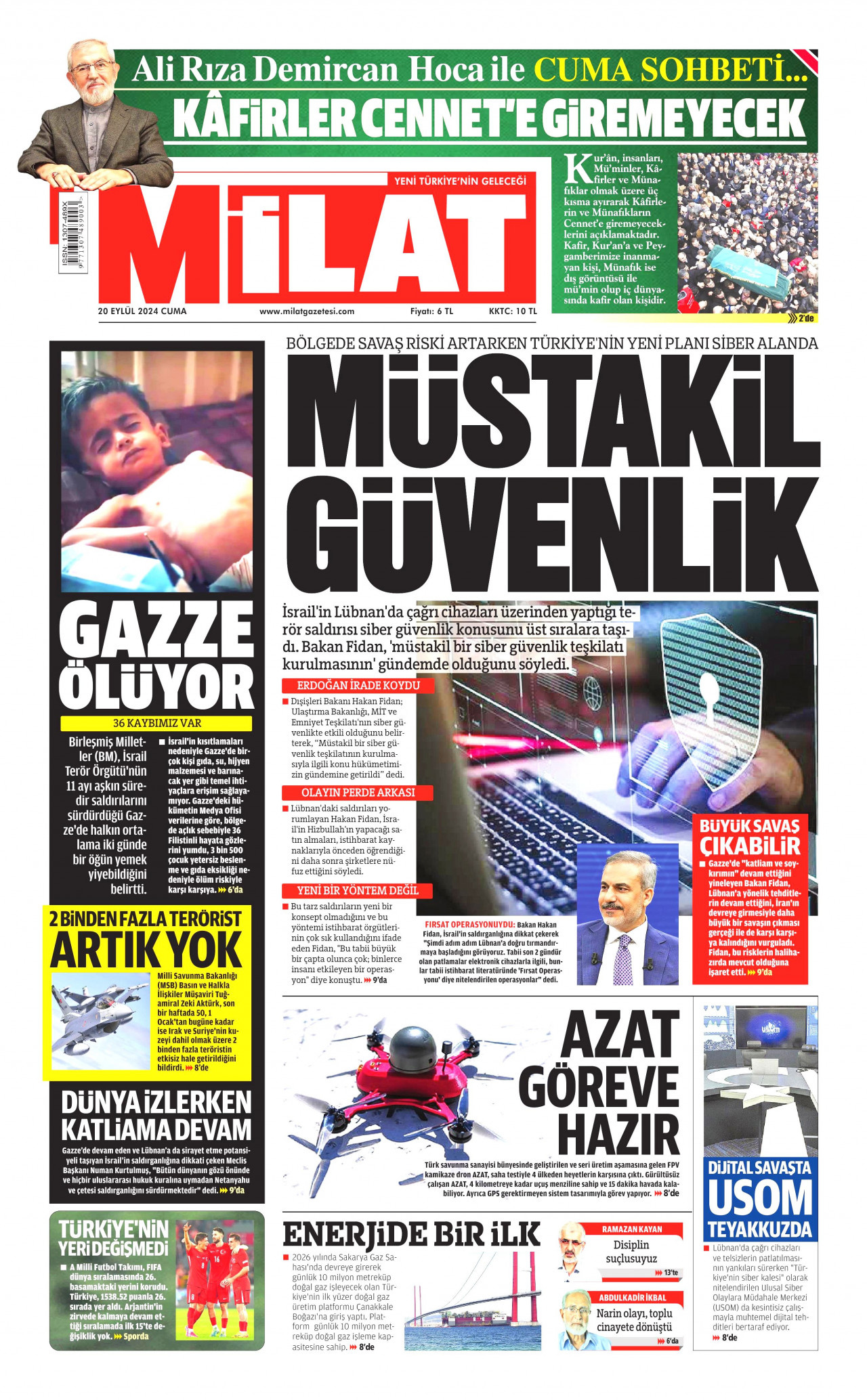 MİLAT gazetesinin 20 Eylül 2024 tarihli birinci sayfası