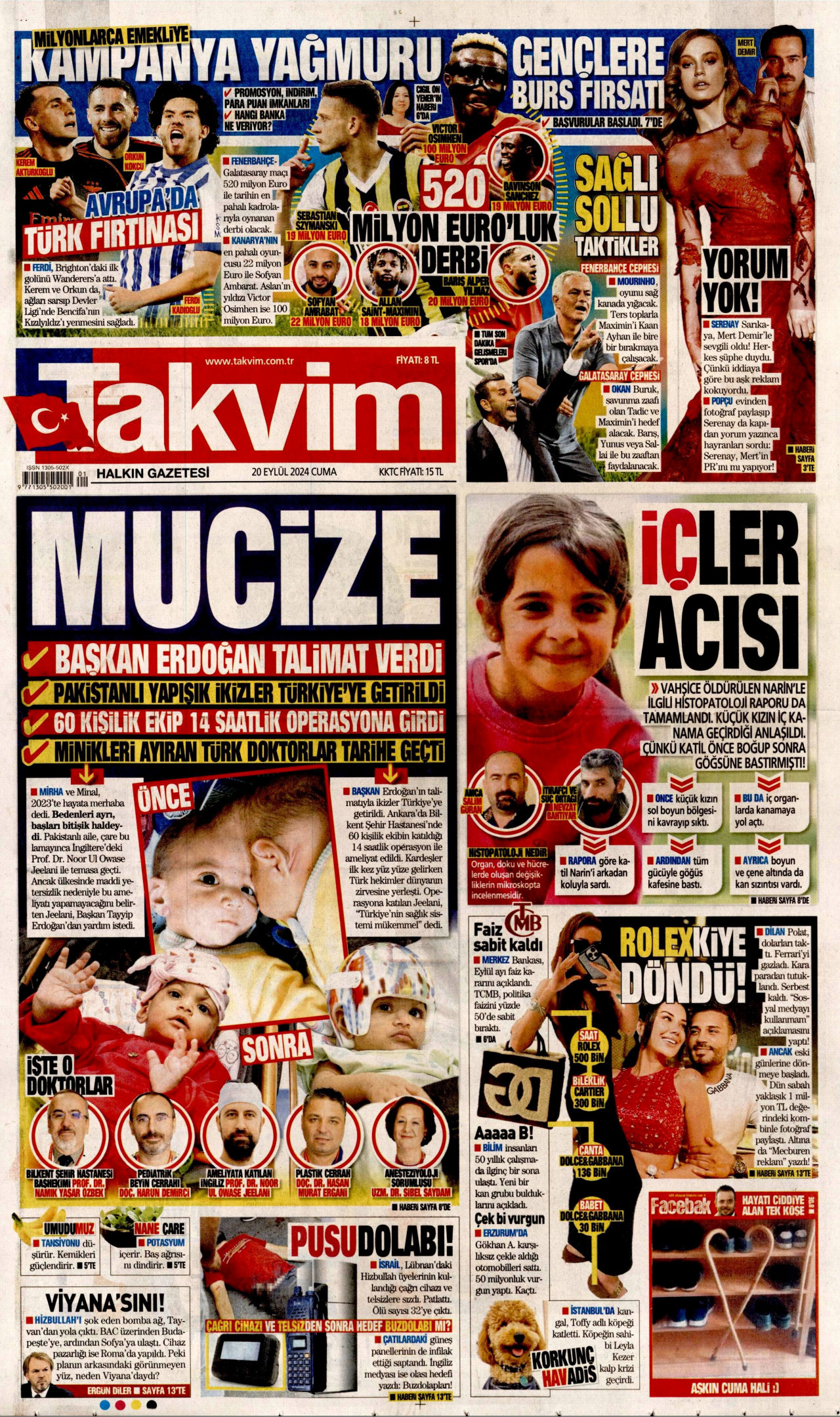 TAKVİM gazetesinin 20 Eylül 2024 tarihli birinci sayfası