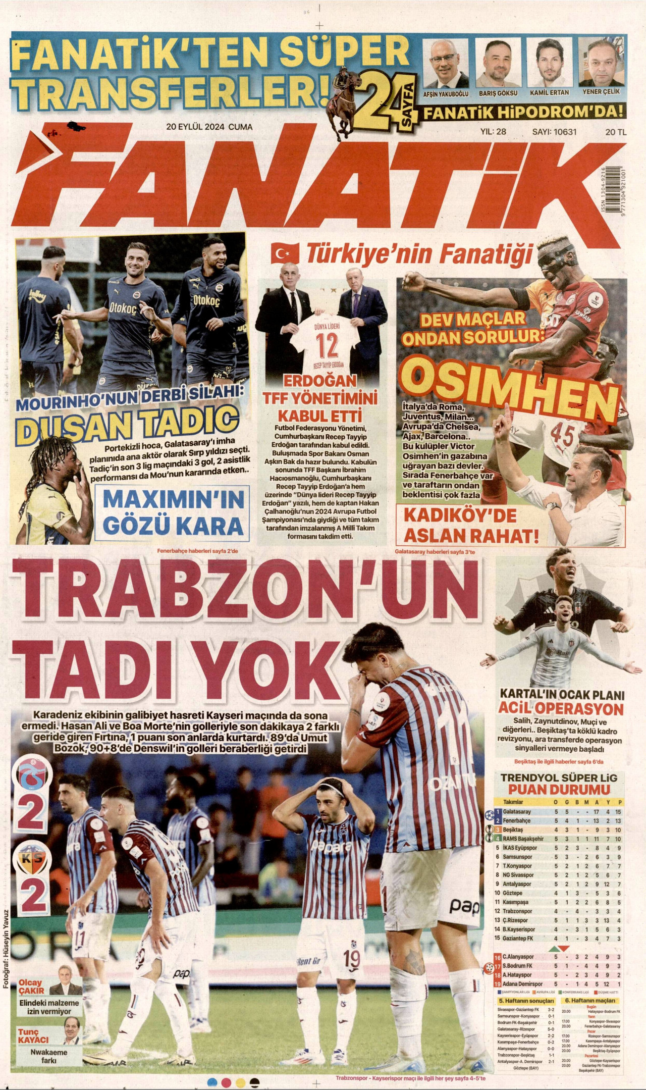 FANATİK gazetesinin 20 Eylül 2024 tarihli birinci sayfası