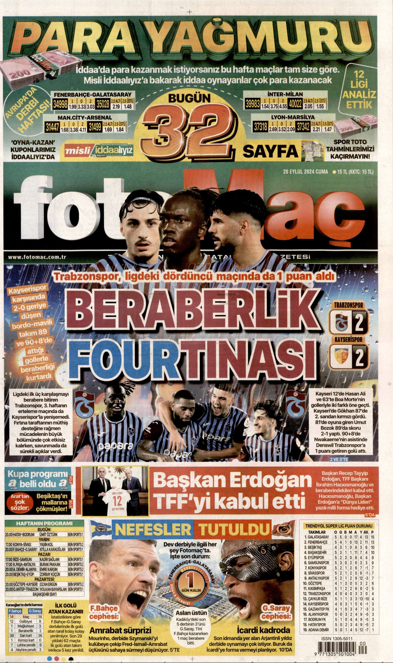 FOTOMAÇ gazetesinin 20 Eylül 2024 tarihli birinci sayfası
