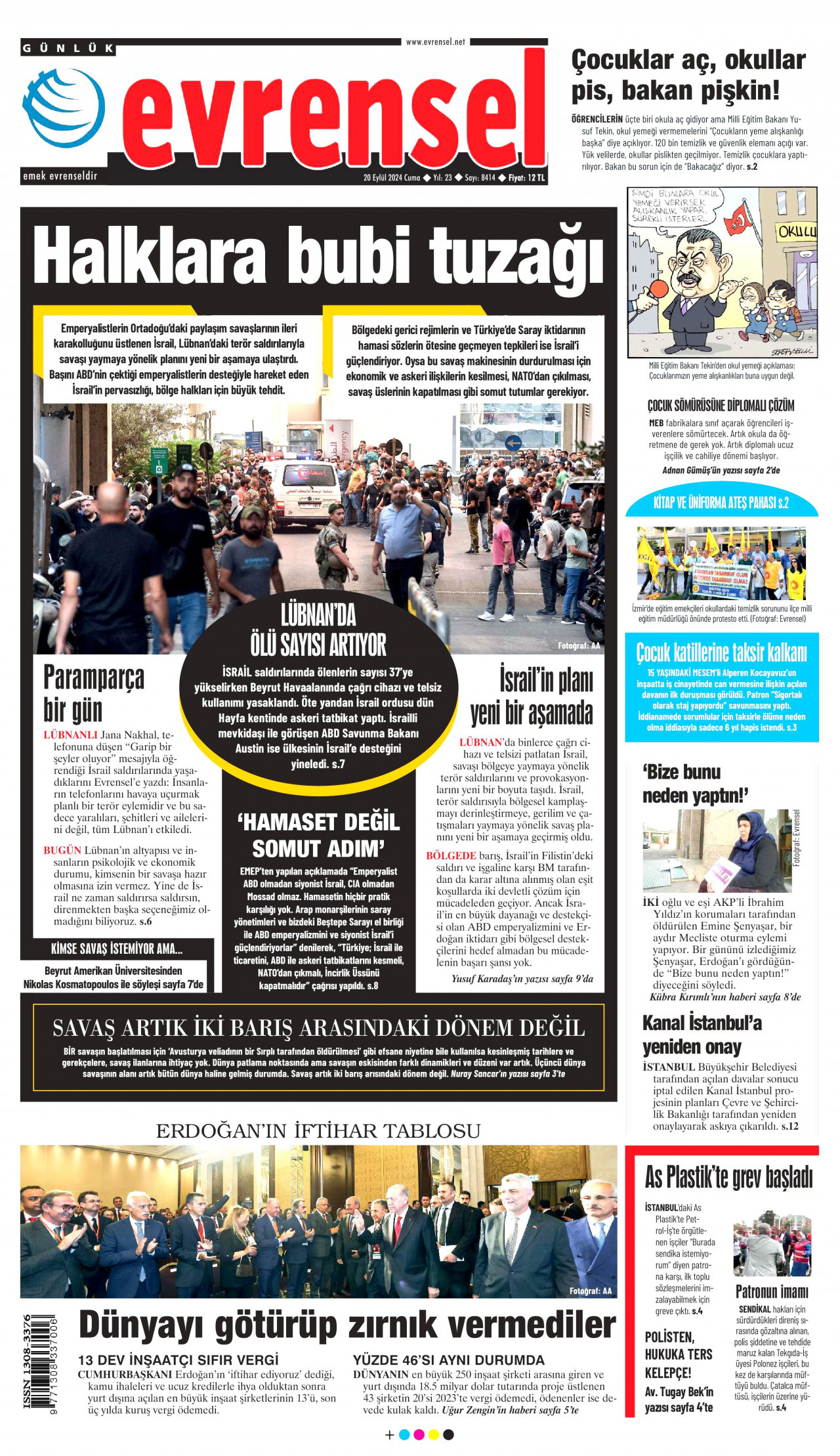EVRENSEL gazetesinin 20 Eylül 2024 tarihli birinci sayfası