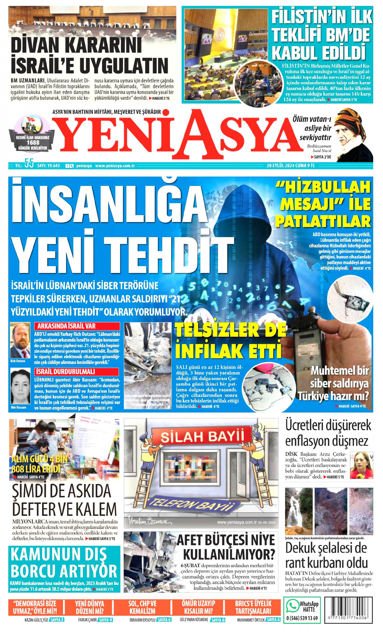 YENİ ASYA gazetesinin 20 Eylül 2024 tarihli birinci sayfası
