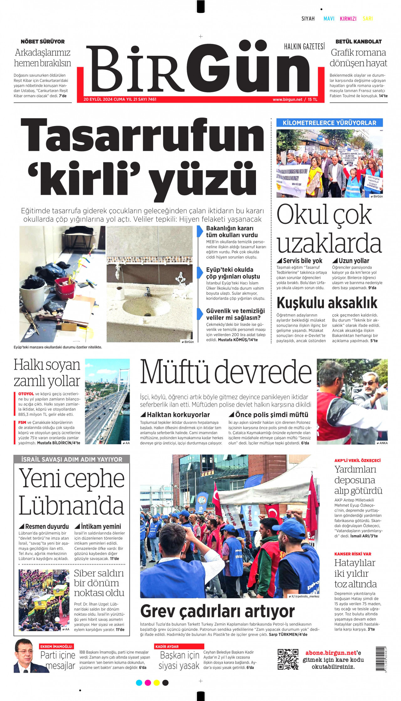BİRGÜN gazetesinin 20 Eylül 2024 tarihli birinci sayfası