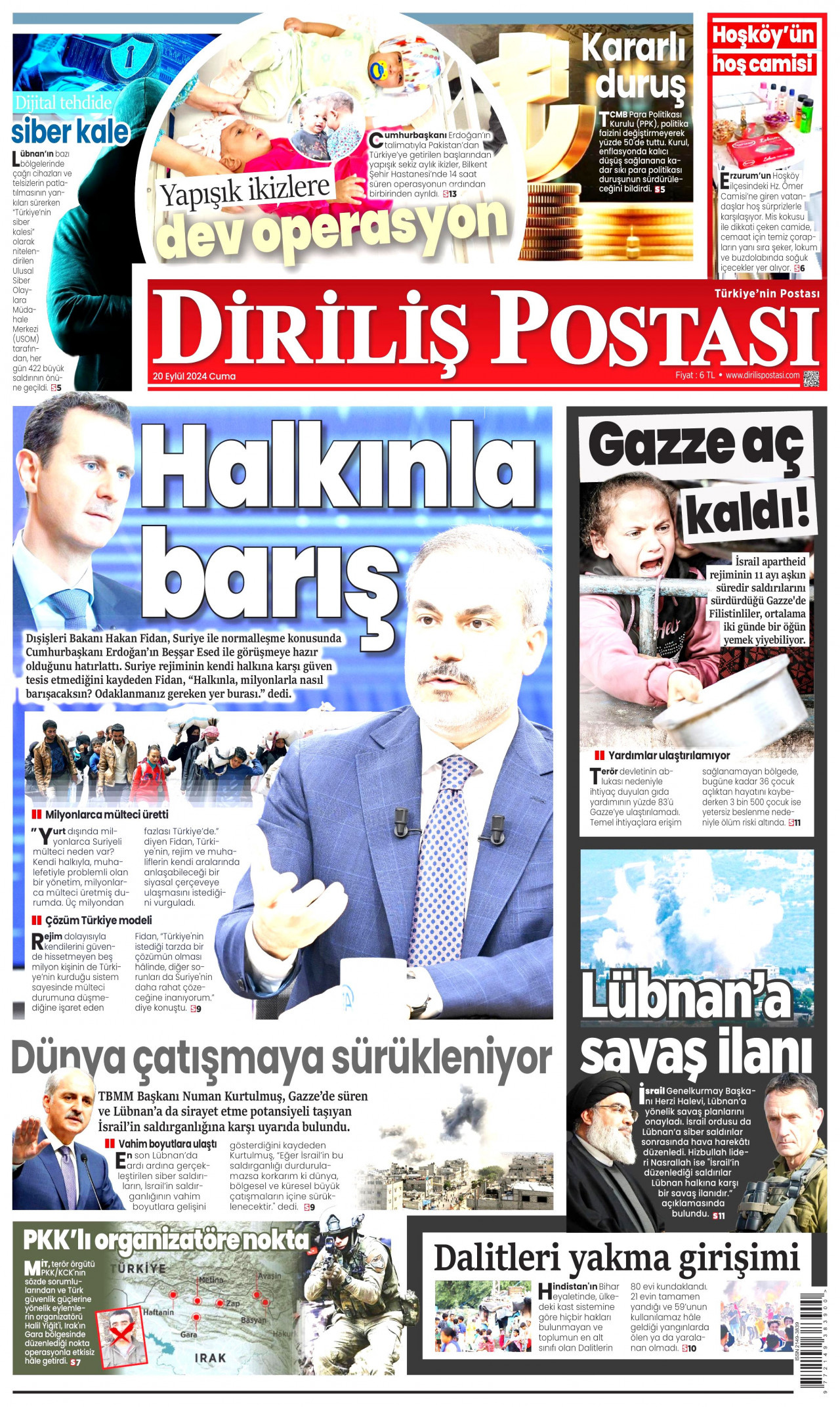 DİRİLİŞ POSTASI gazetesinin 20 Eylül 2024 tarihli birinci sayfası