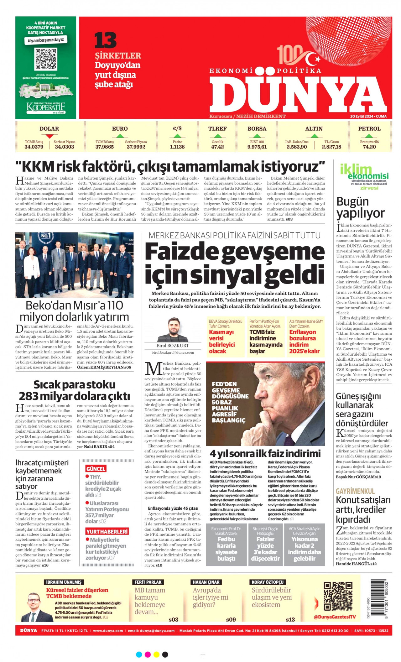 DÜNYA gazetesinin 20 Eylül 2024 tarihli birinci sayfası