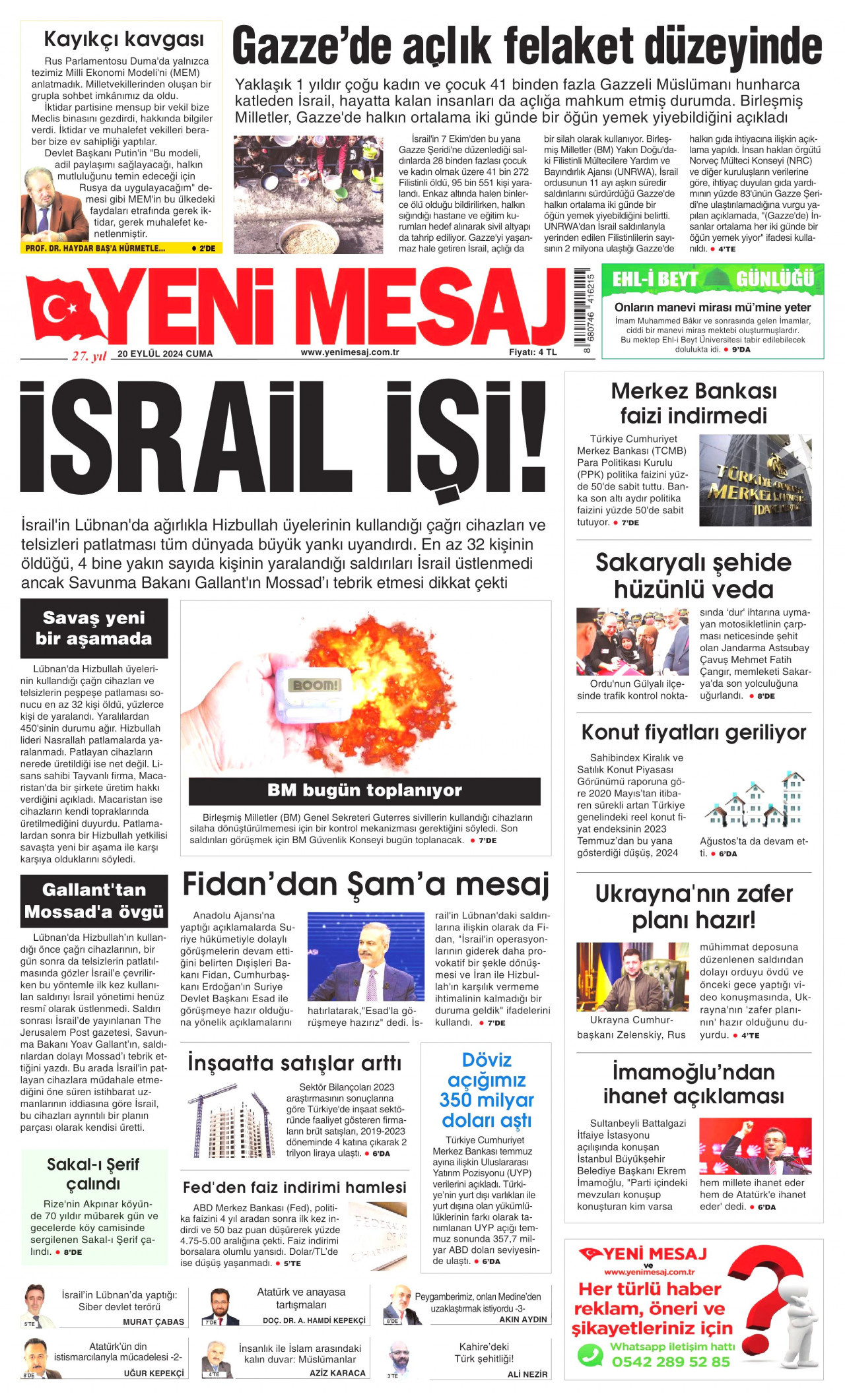 YENİ MESAJ gazetesinin 20 Eylül 2024 tarihli birinci sayfası
