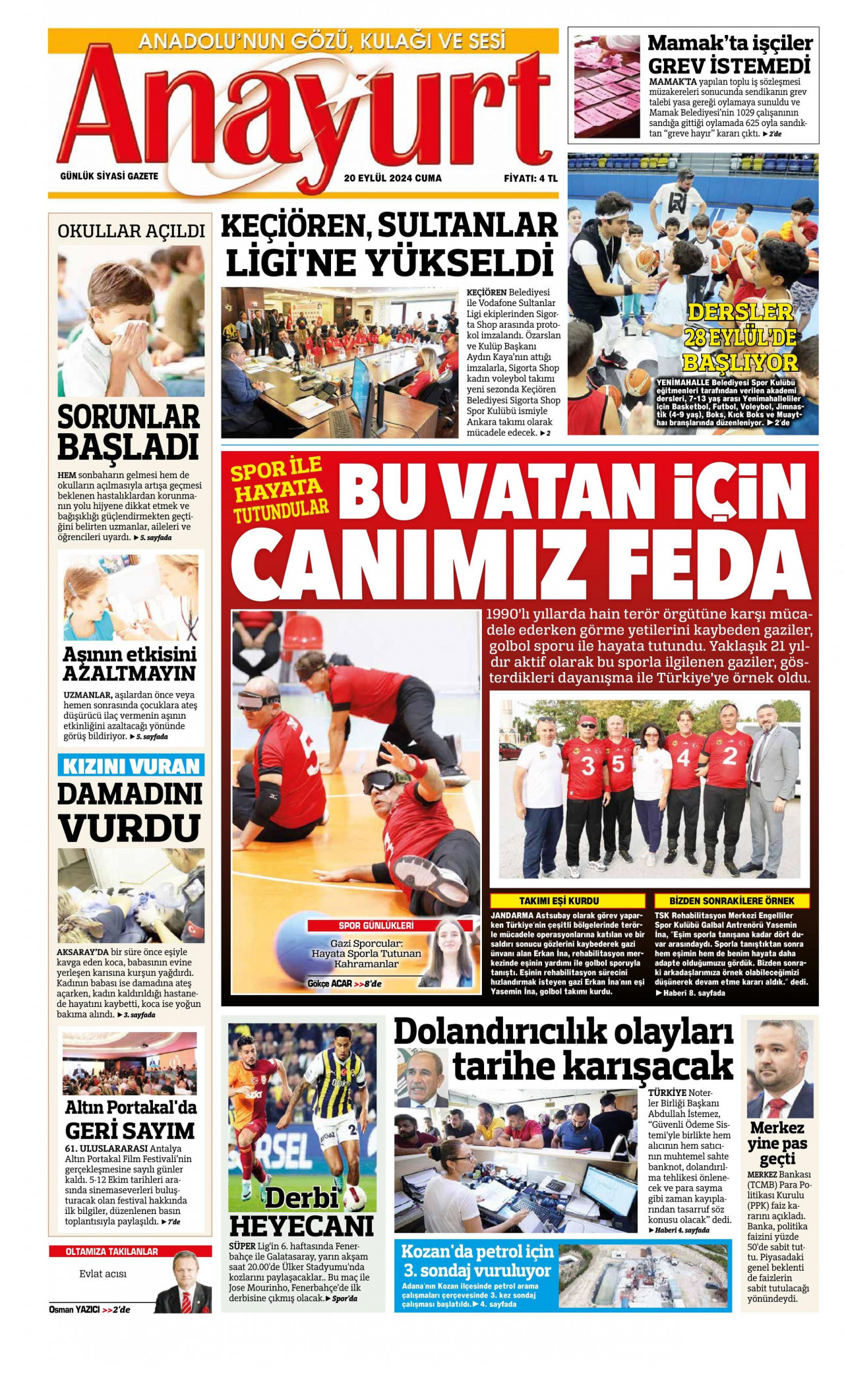 ANAYURT gazetesinin 20 Eylül 2024 tarihli birinci sayfası
