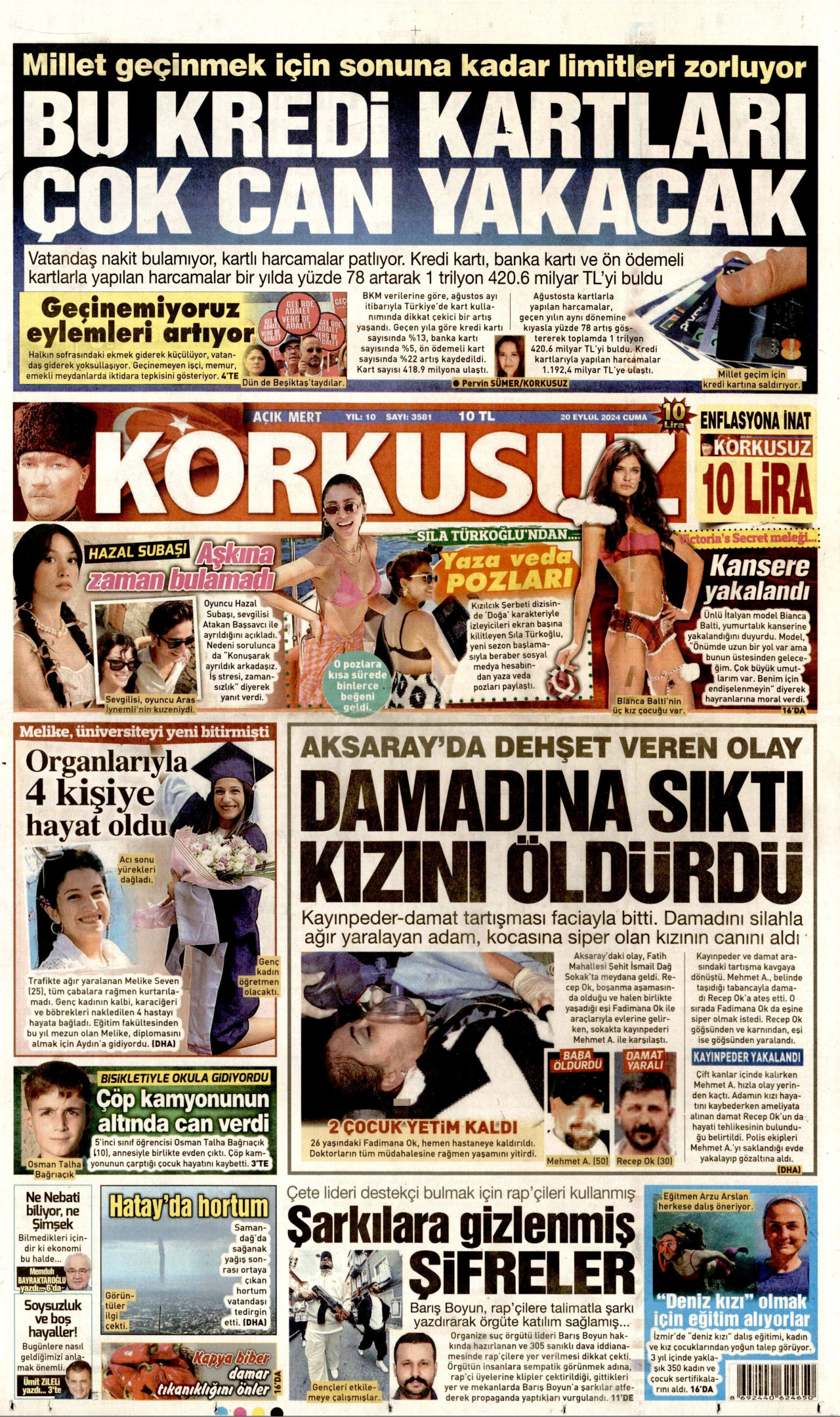 KORKUSUZ gazetesinin 20 Eylül 2024 tarihli birinci sayfası