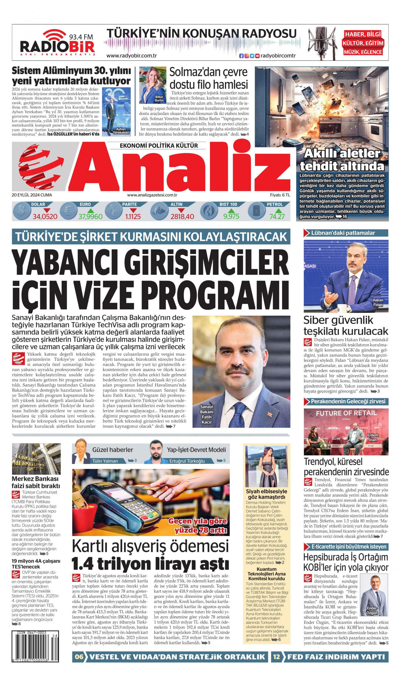 ANALİZ gazetesinin 20 Eylül 2024 tarihli birinci sayfası