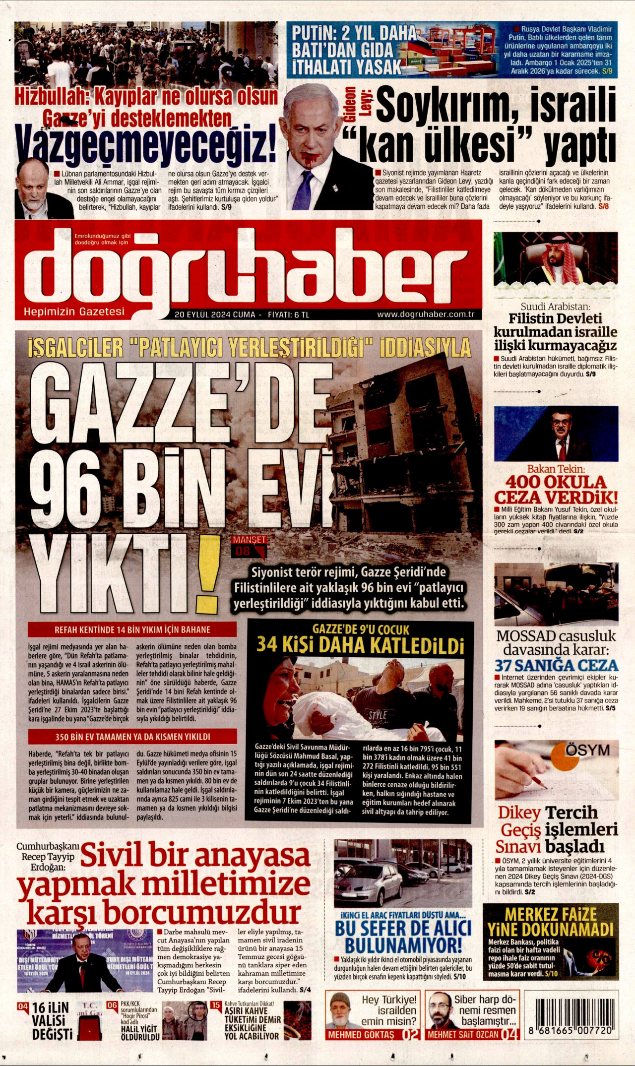 DOĞRU HABER gazetesinin 20 Eylül 2024 tarihli birinci sayfası