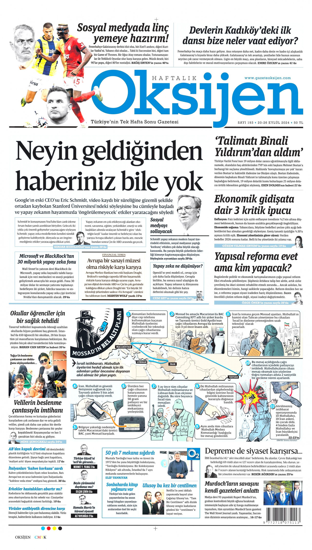 OKSİJEN gazetesinin 20 Eylül 2024 tarihli birinci sayfası