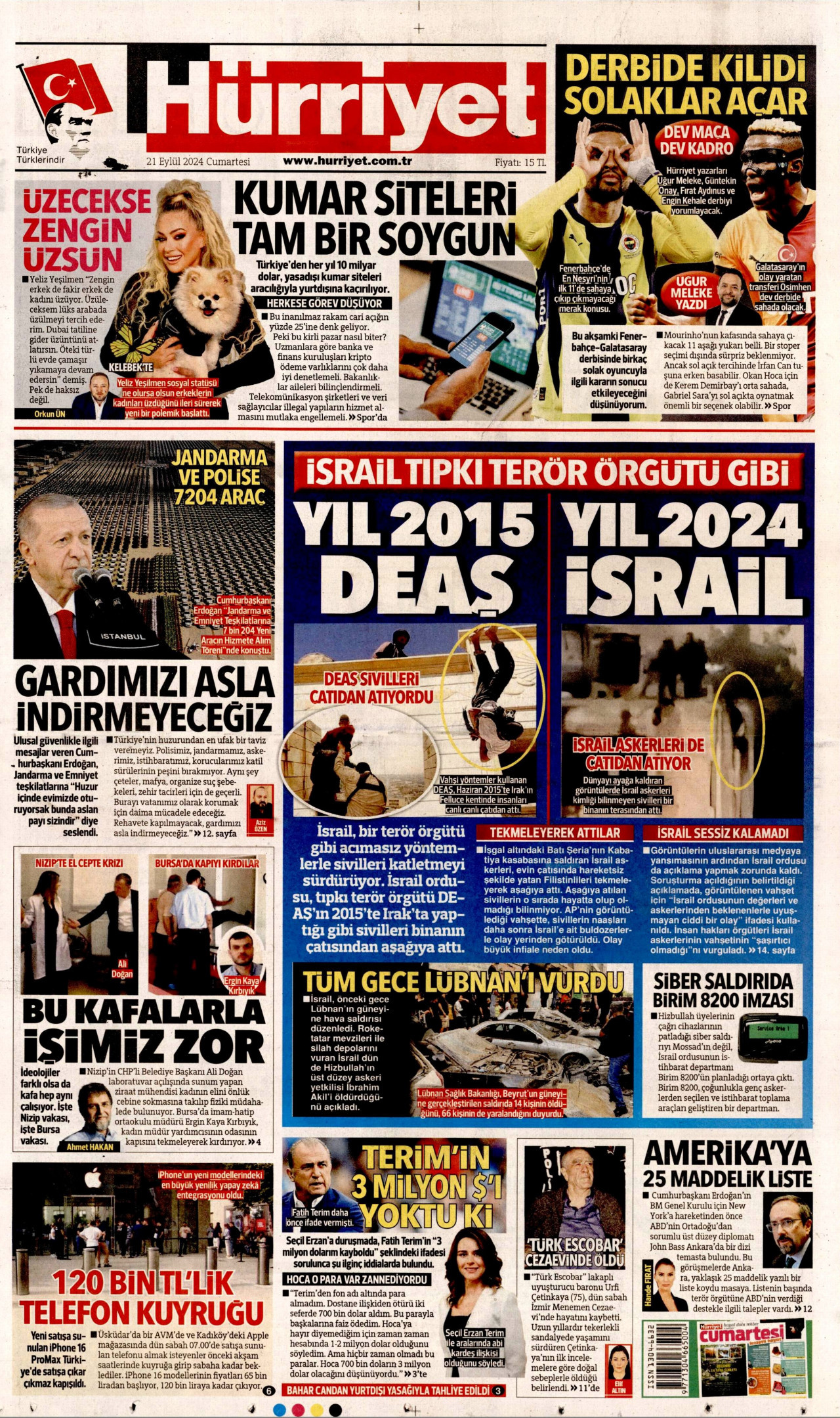 HÜRRİYET gazetesinin 21 Eylül 2024 tarihli birinci sayfası