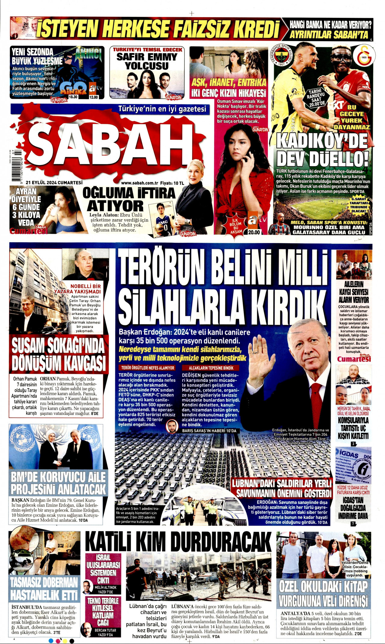 SABAH gazetesinin 21 Eylül 2024 tarihli birinci sayfası