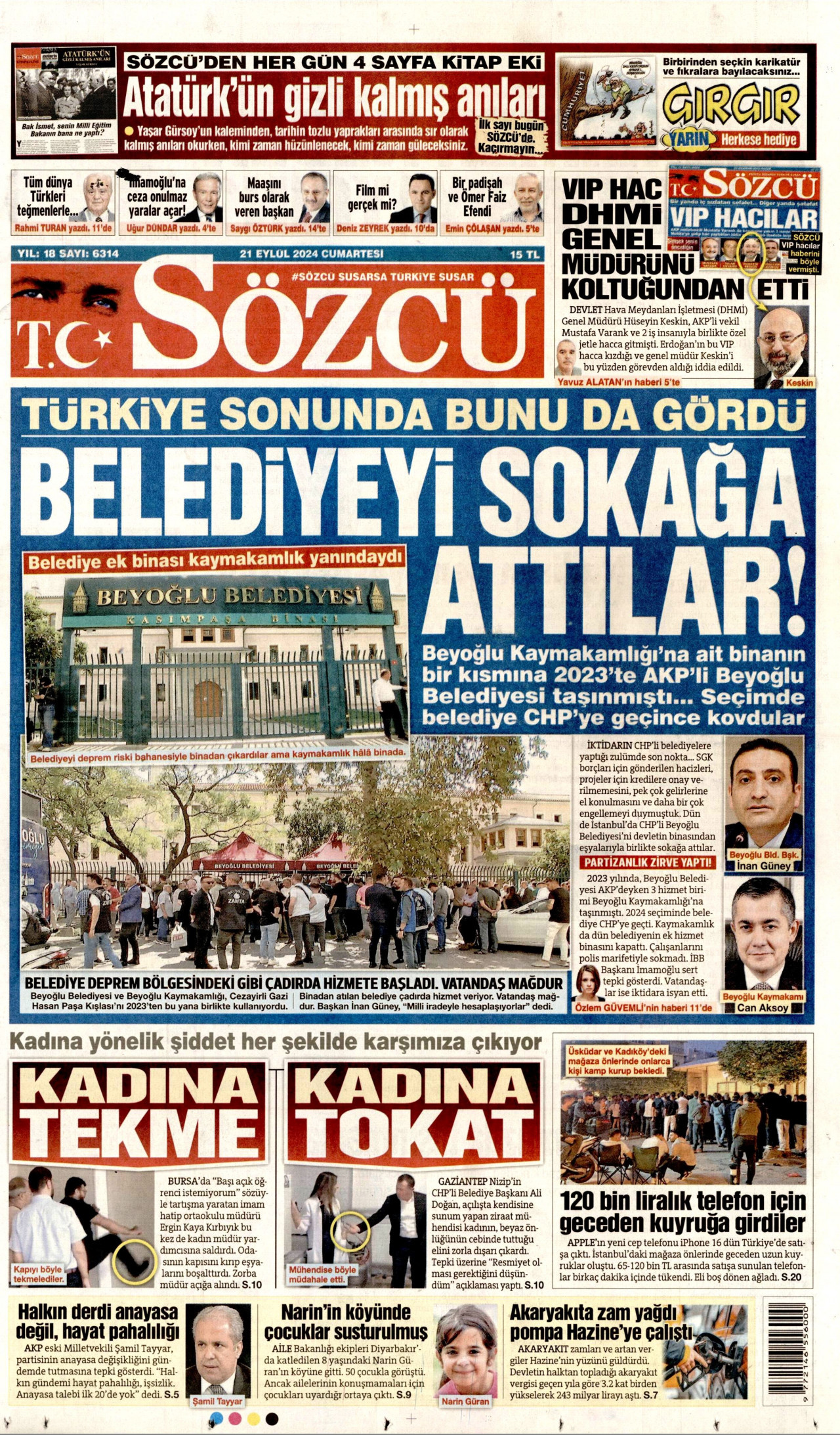 SÖZCÜ gazetesinin 21 Eylül 2024 tarihli birinci sayfası