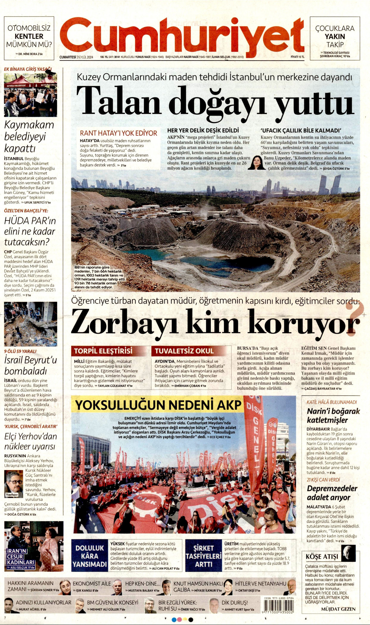 CUMHURİYET gazetesinin 21 Eylül 2024 tarihli birinci sayfası
