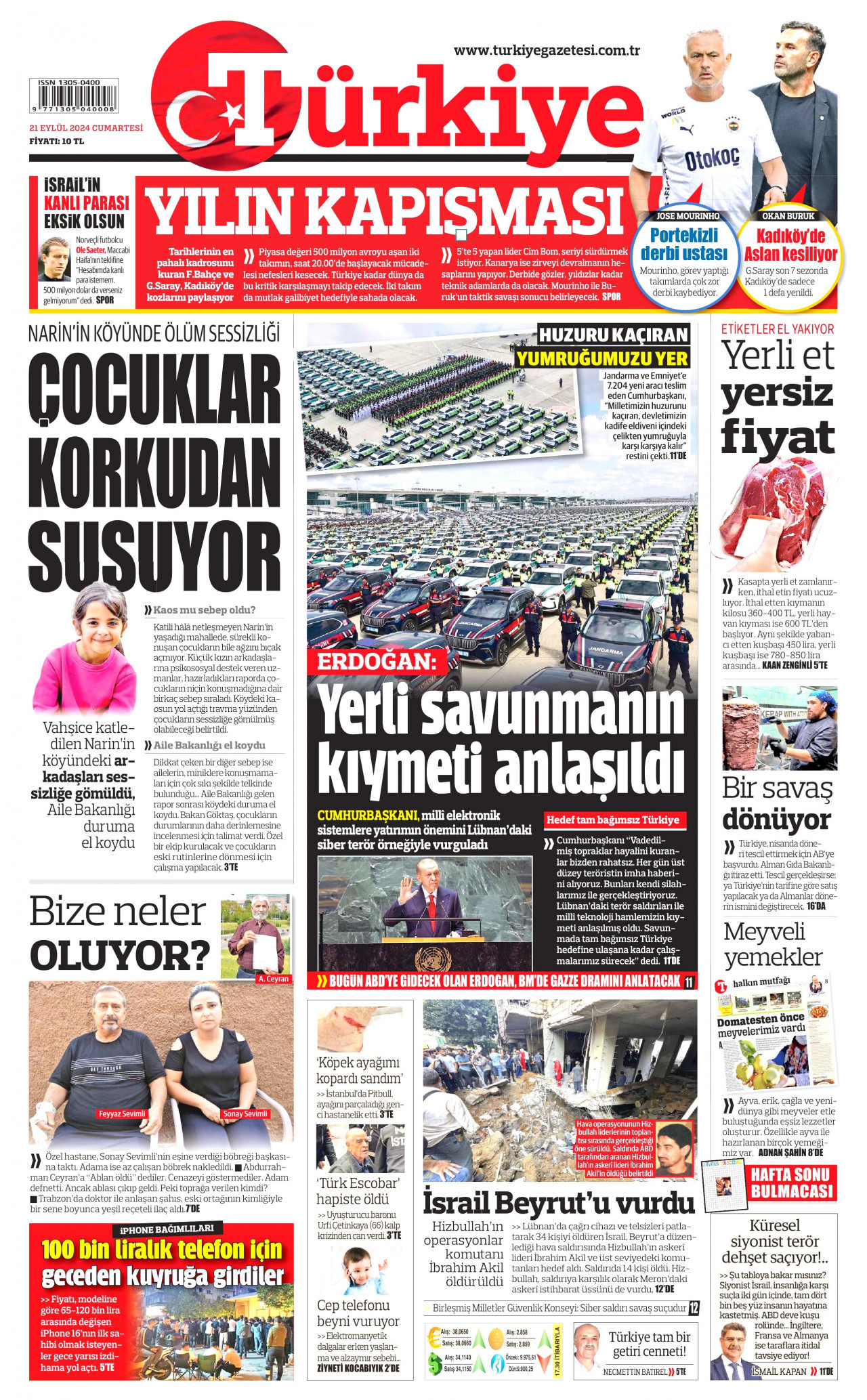 TÜRKİYE GAZETESİ gazetesinin 21 Eylül 2024 tarihli birinci sayfası