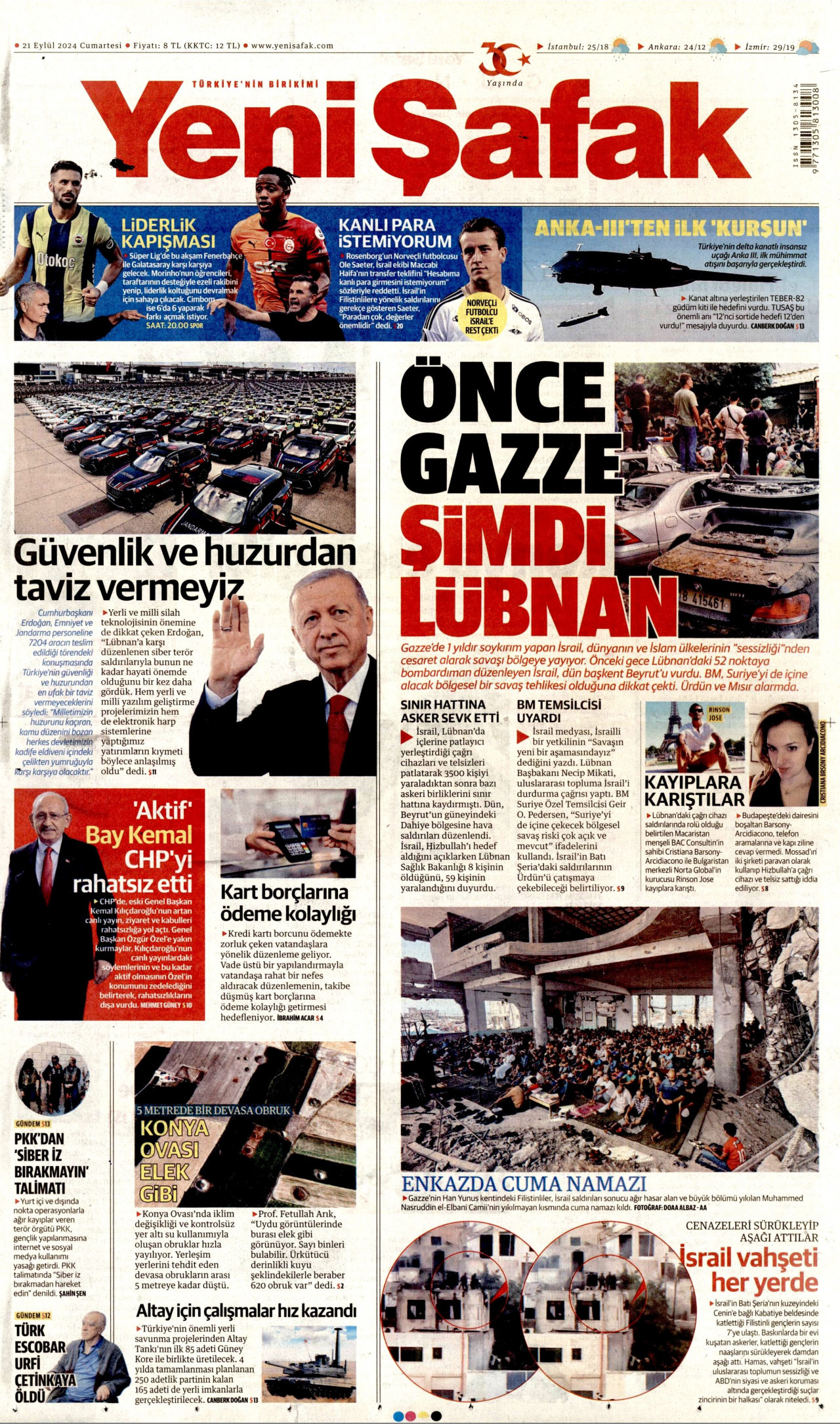YENİ ŞAFAK gazetesinin 21 Eylül 2024 tarihli birinci sayfası