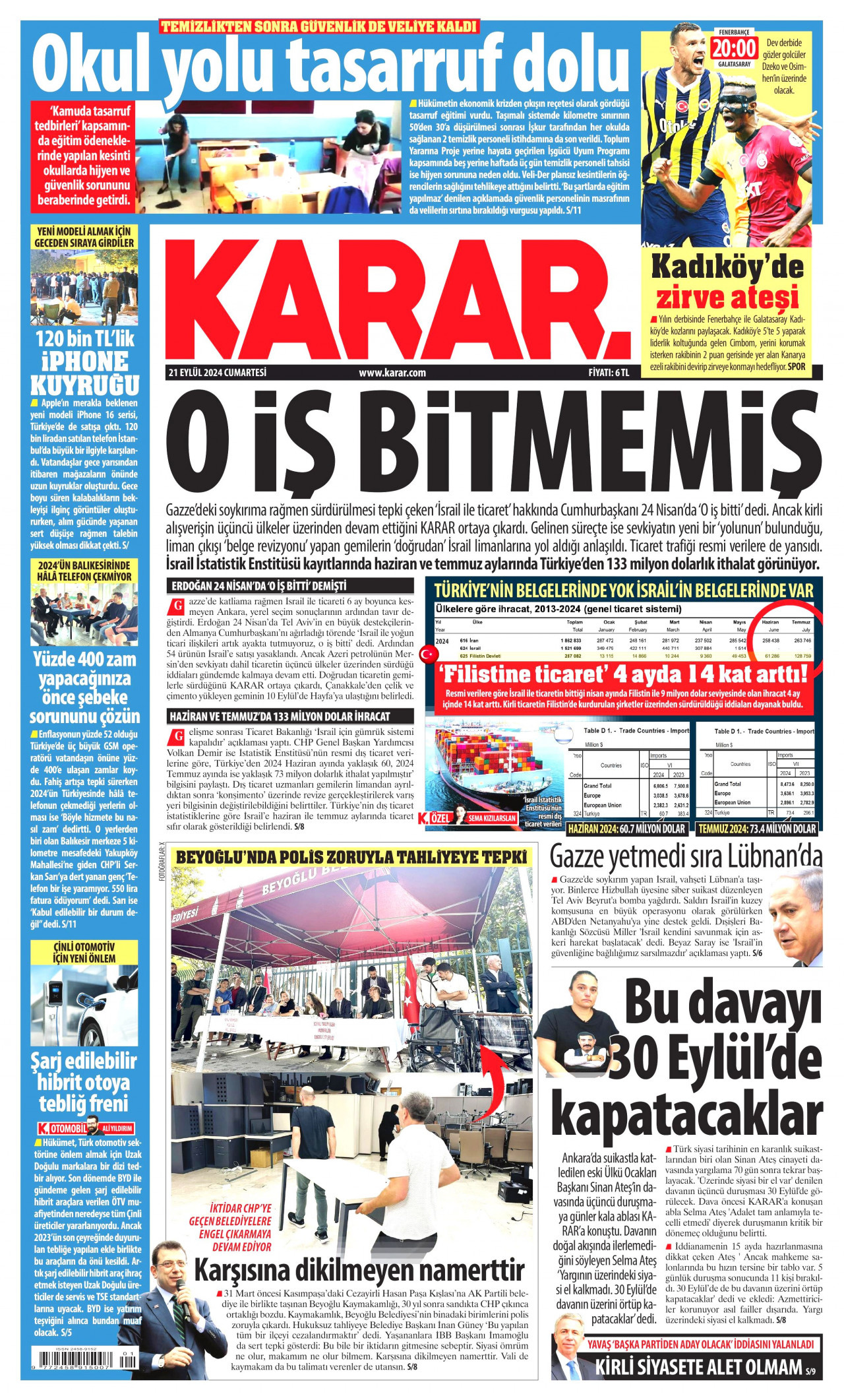 KARAR gazetesinin 21 Eylül 2024 tarihli birinci sayfası