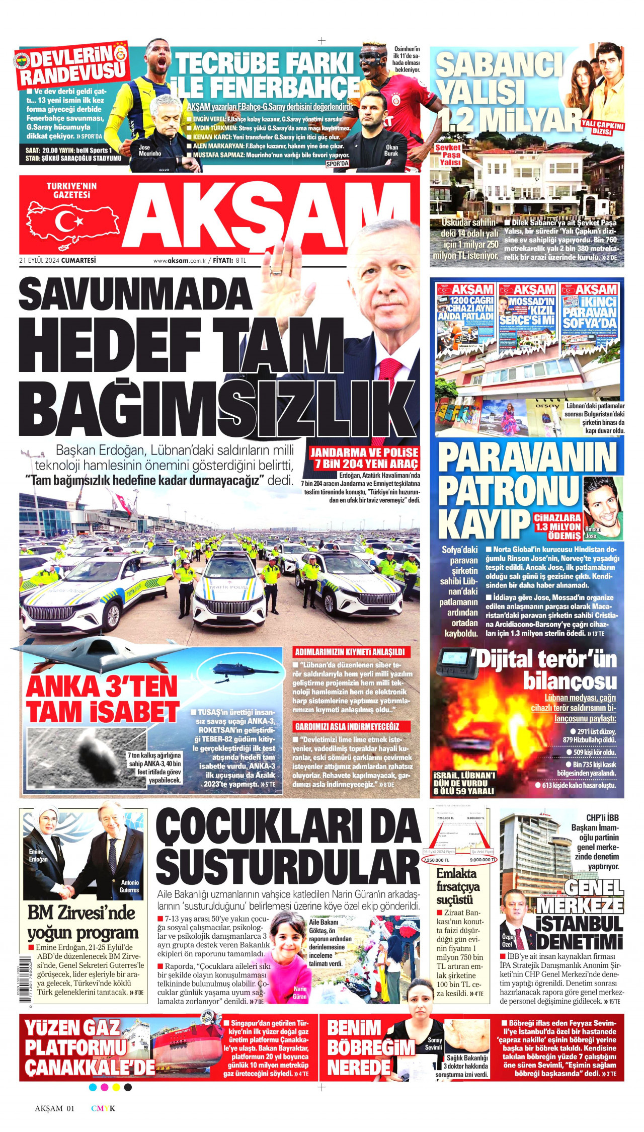 AKŞAM gazetesinin 21 Eylül 2024 tarihli birinci sayfası