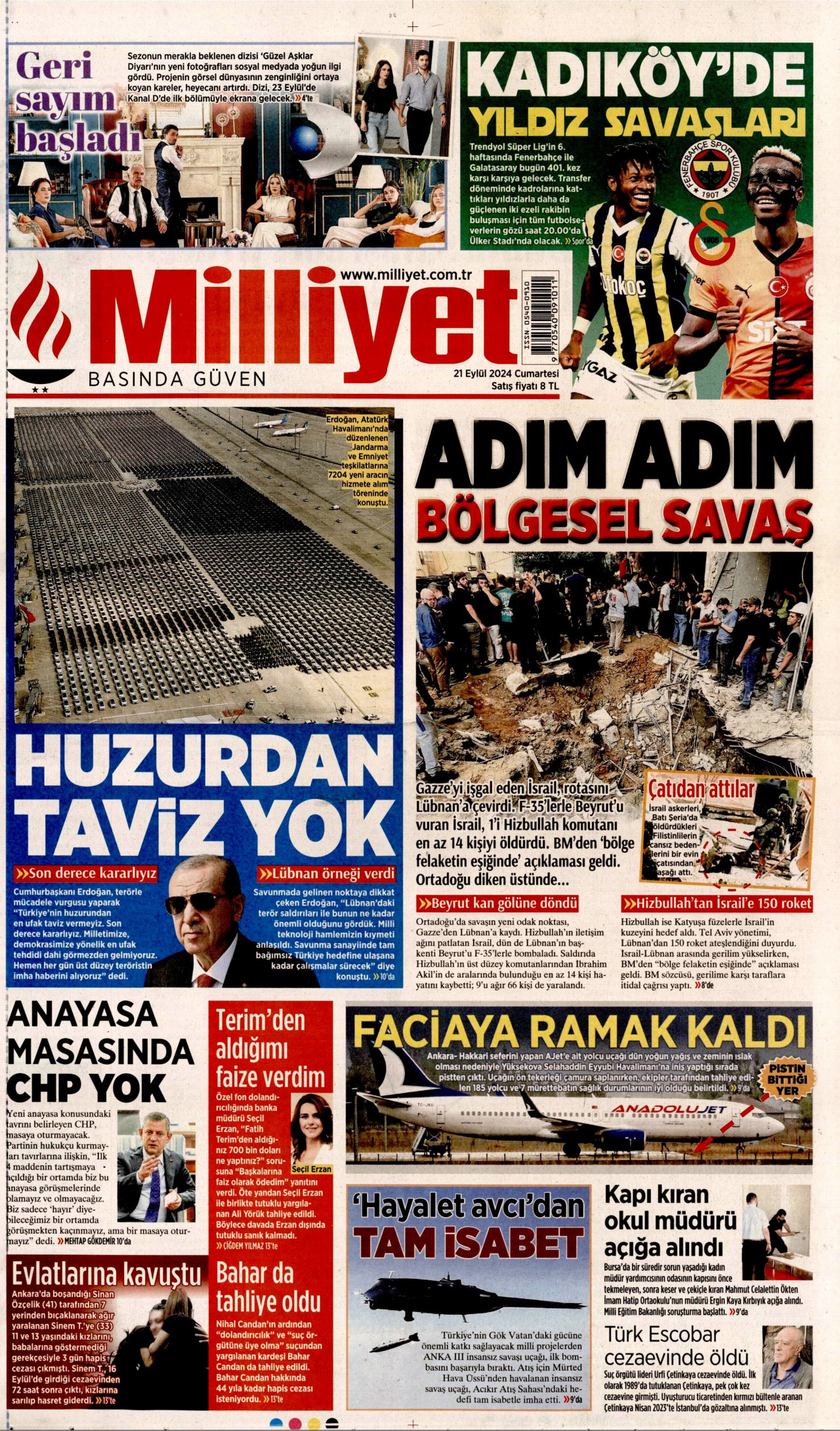 MİLLİYET gazetesinin 21 Eylül 2024 tarihli birinci sayfası