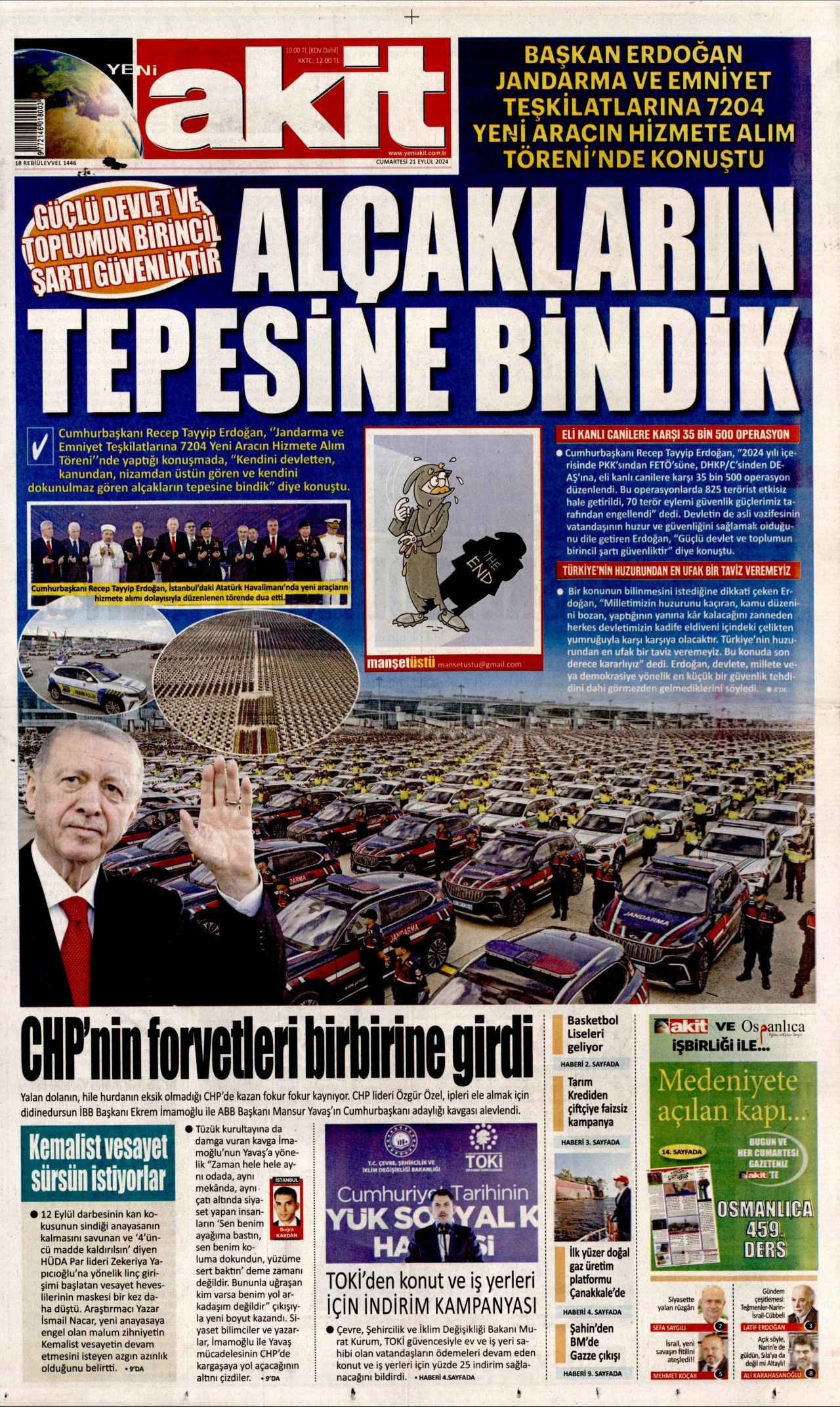 YENİ AKİT gazetesinin 21 Eylül 2024 tarihli birinci sayfası
