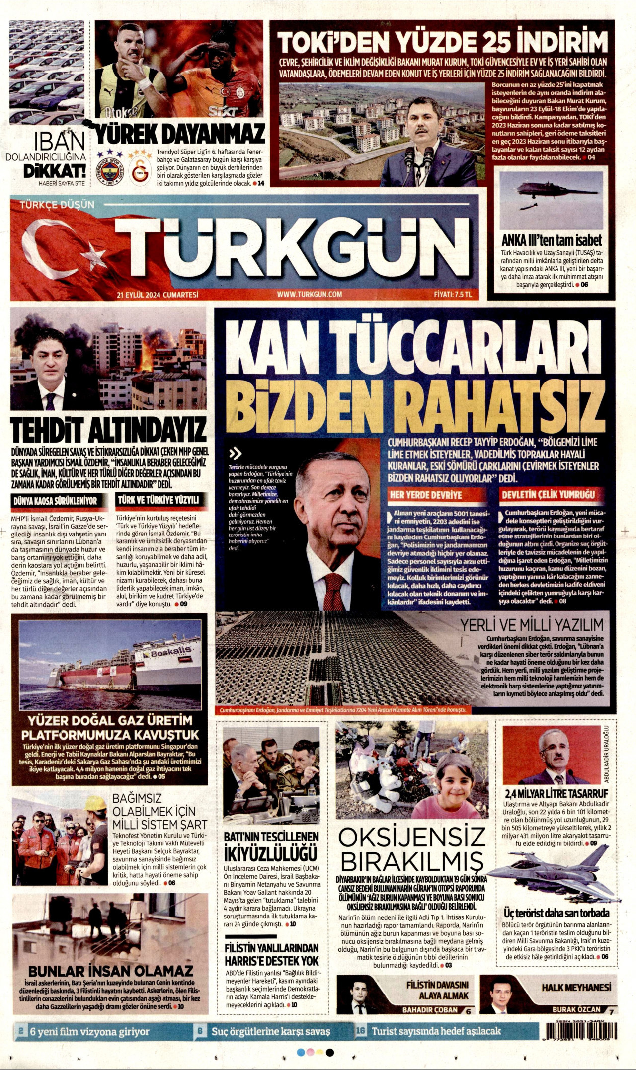 TÜRKGÜN gazetesinin 21 Eylül 2024 tarihli birinci sayfası